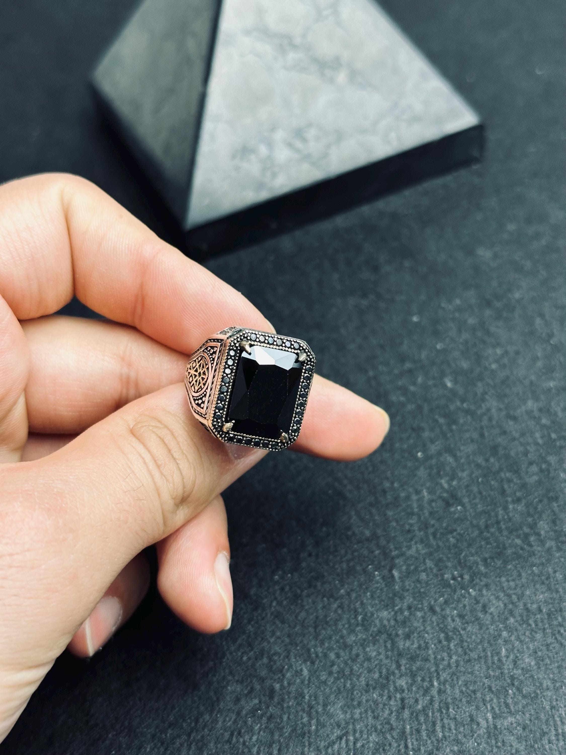 Signet Ring for Men: Black Zircon Stone - Sterling Silver
