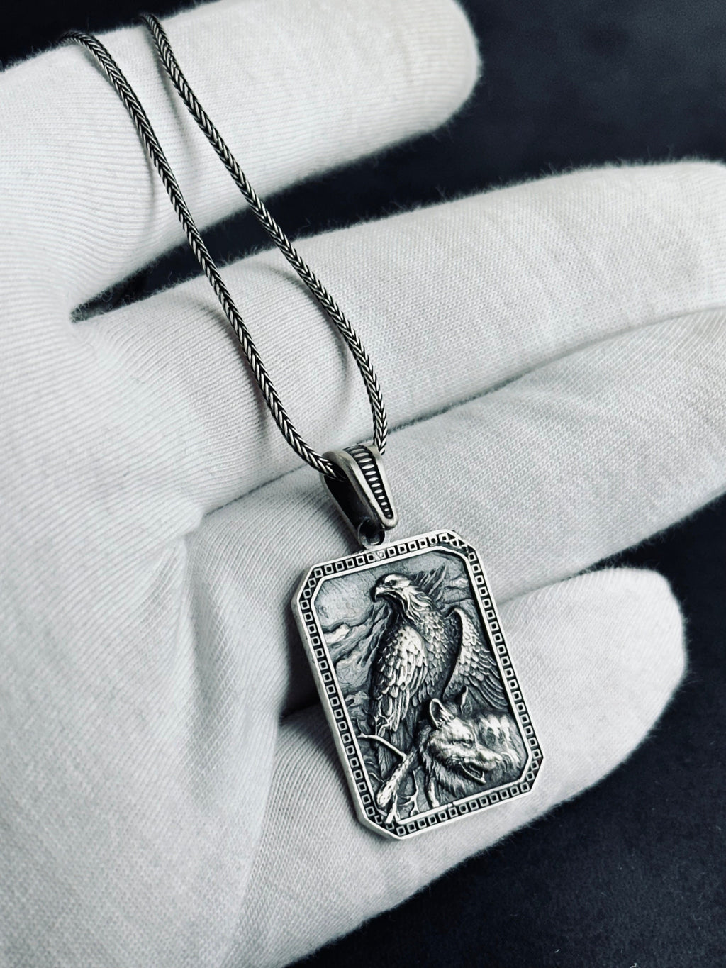 Silver Eagle Wolf Pendant Necklace: Handcrafted Statement Jewelry