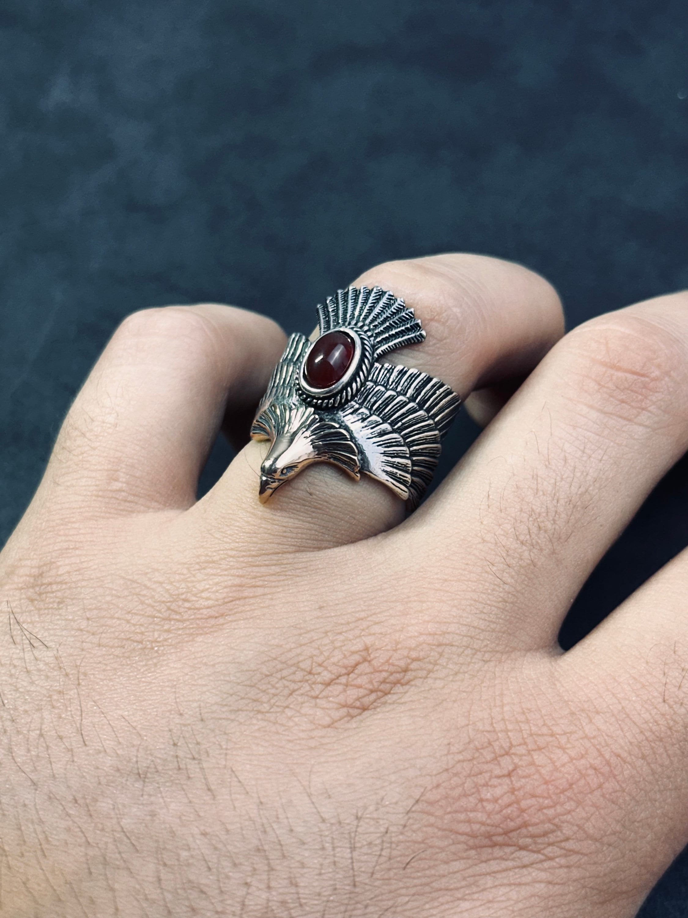 Oxidized Eagle Ring - Sterling Silver, Adjustable with Agate Gemstone
