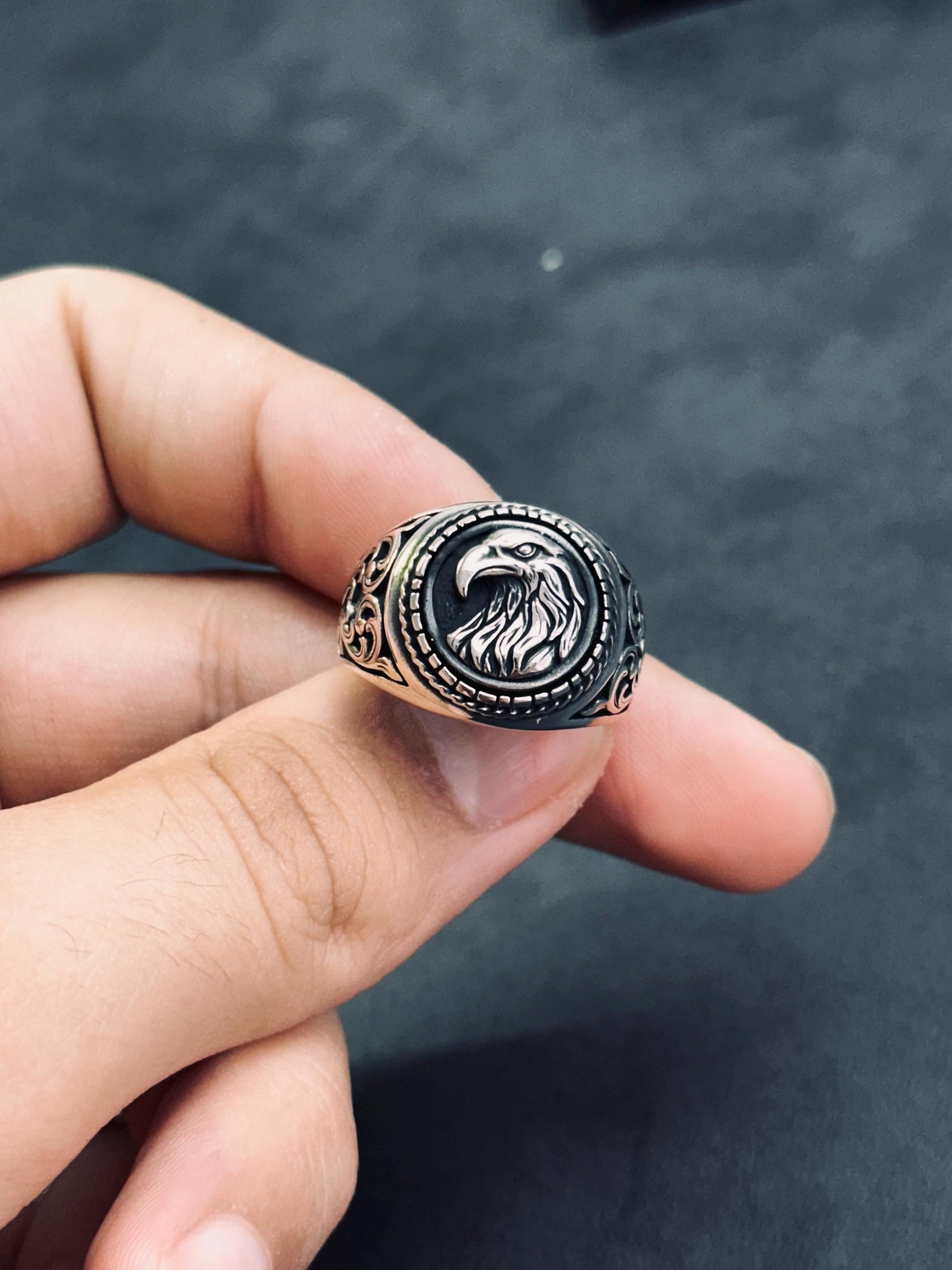 Artisan Sterling Silver Eagle Ring, Round Band (Mens and Womens)