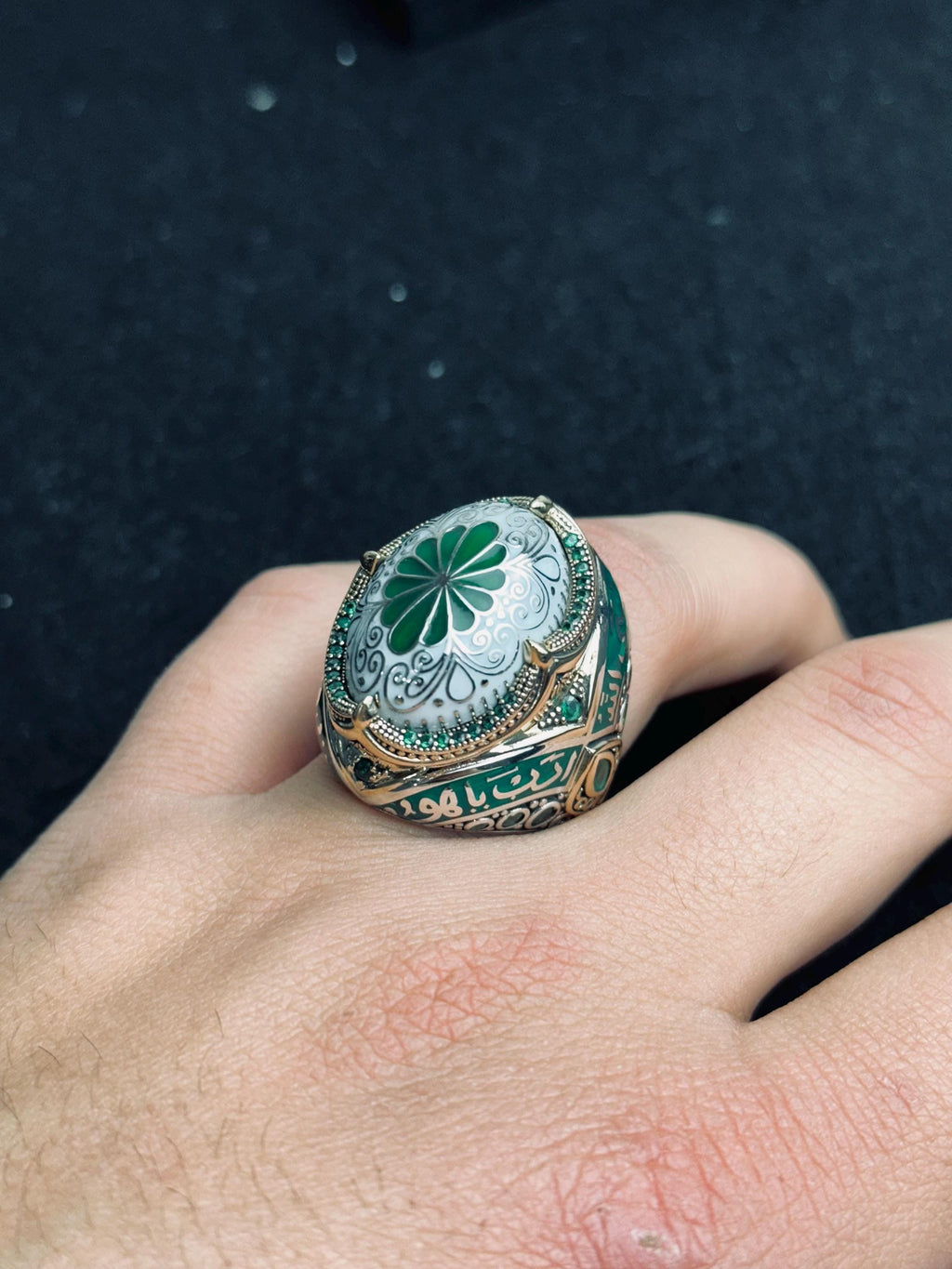 Green Enamel Islamic Ring, 925 Sterling Silver Ottoman Men's Ring