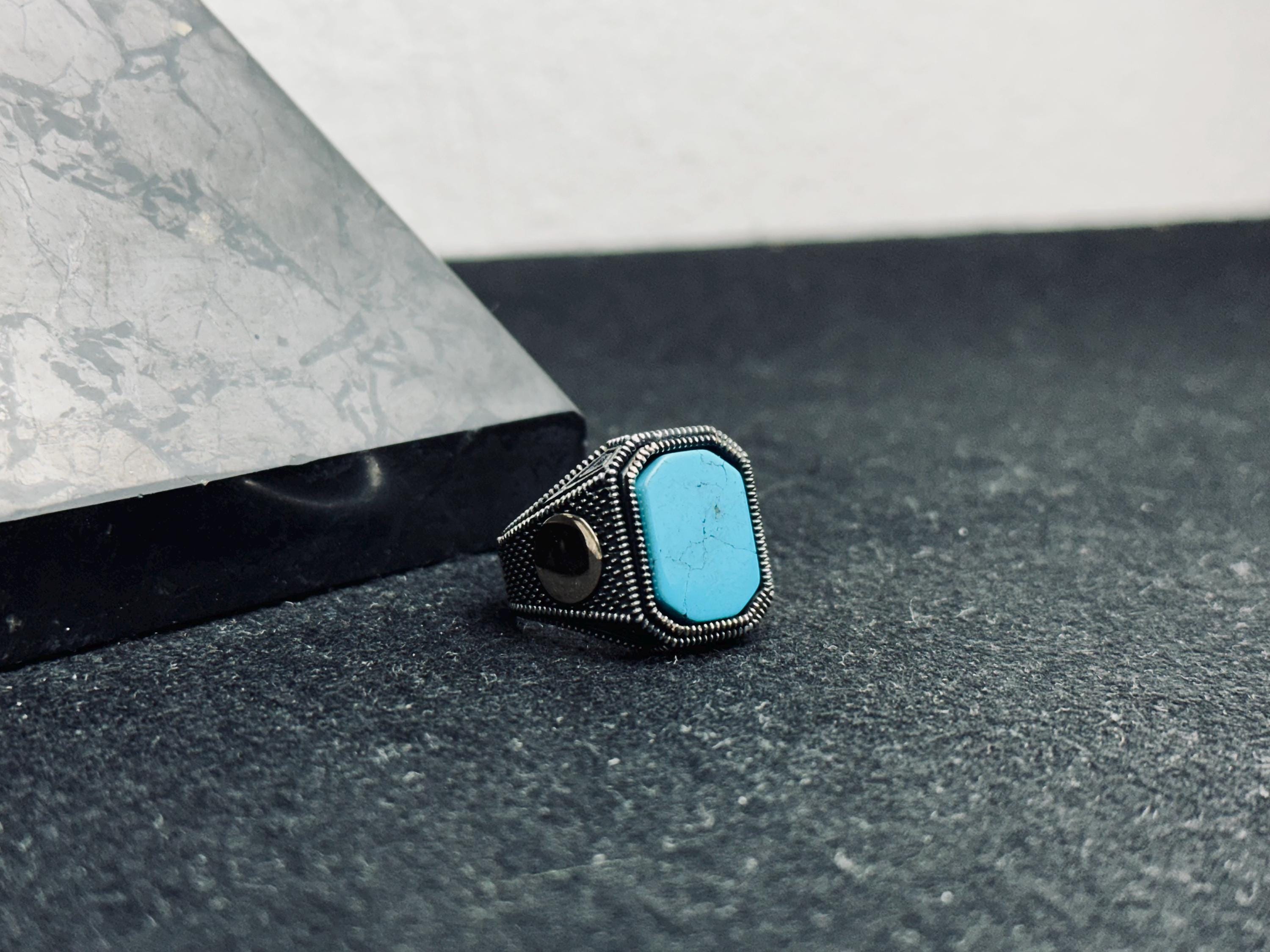 Turquoise Statement Ring - Sterling Silver, Engraved Design
