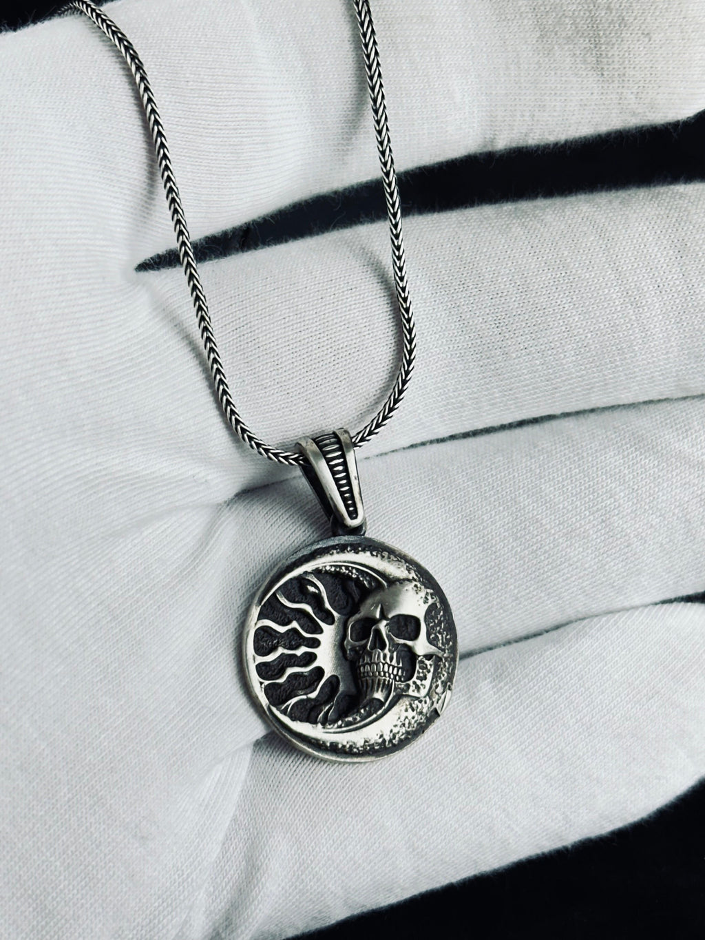 Silver Skull Moon Necklace: Gothic Jewelry (Pendant with Chain)