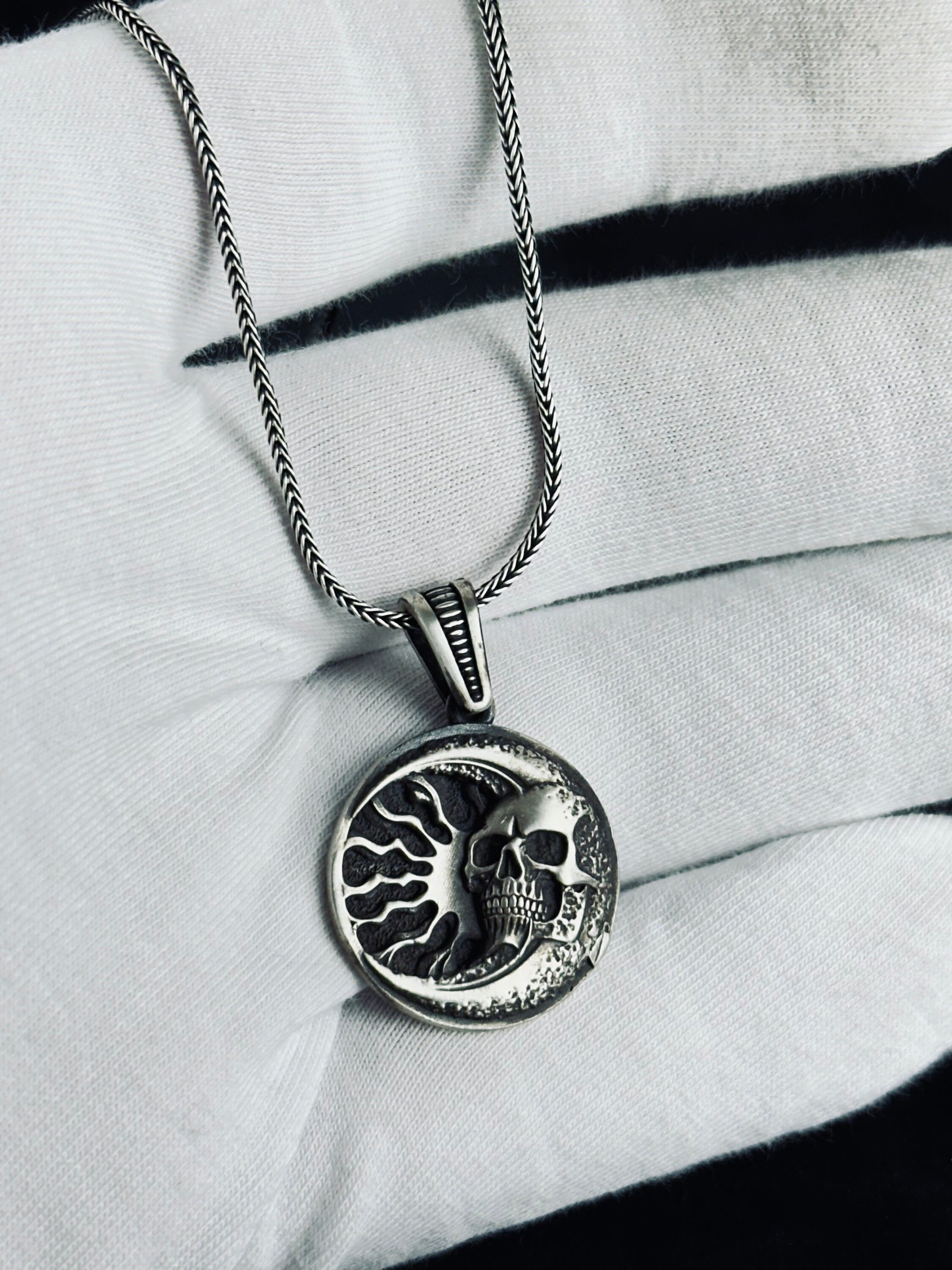 Silver Skull Moon Necklace: Gothic Jewelry (Pendant with Chain)
