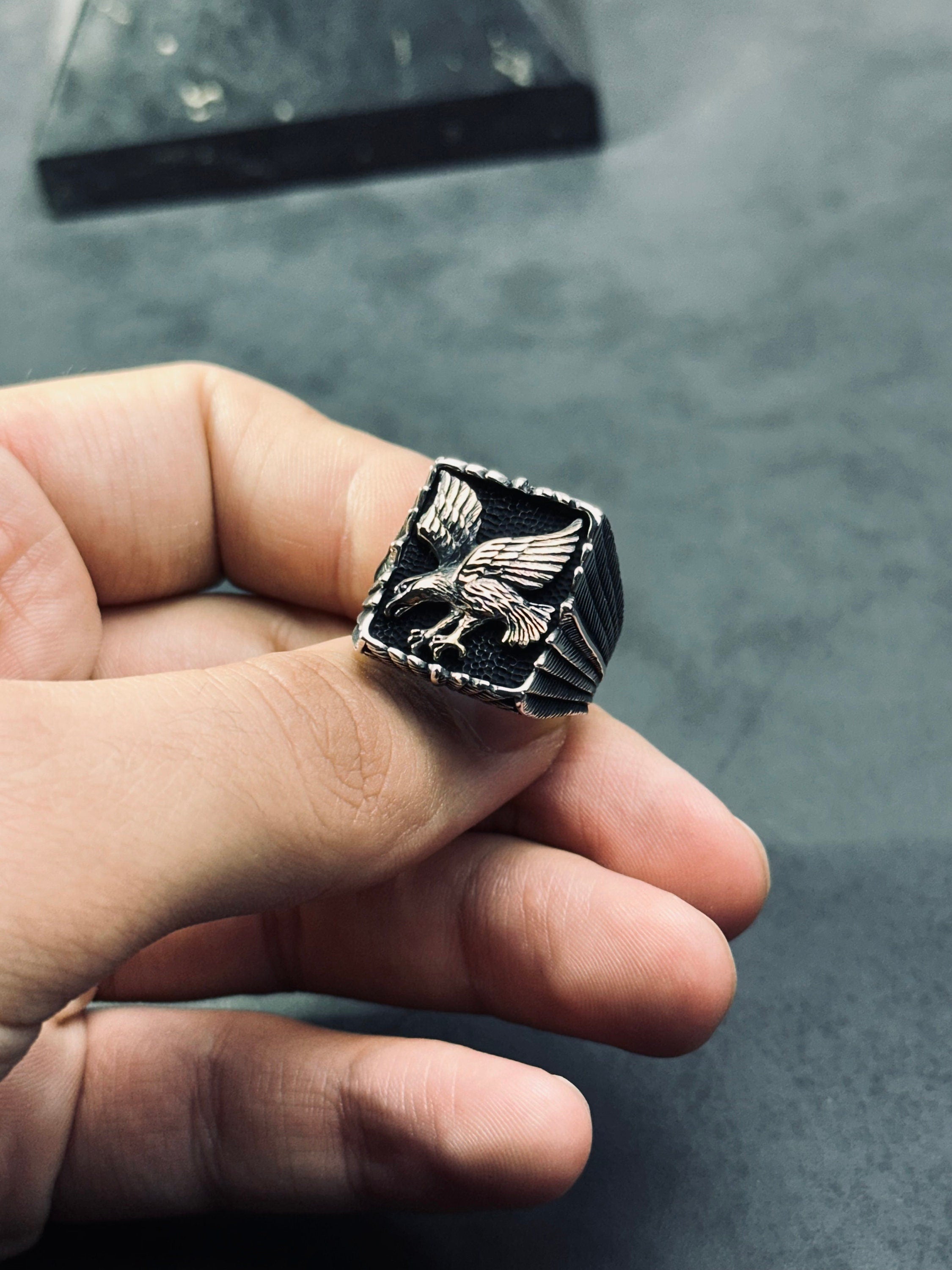Thunderbird Ring: Oxidized Sterling Silver Eagle Band (Handmade)