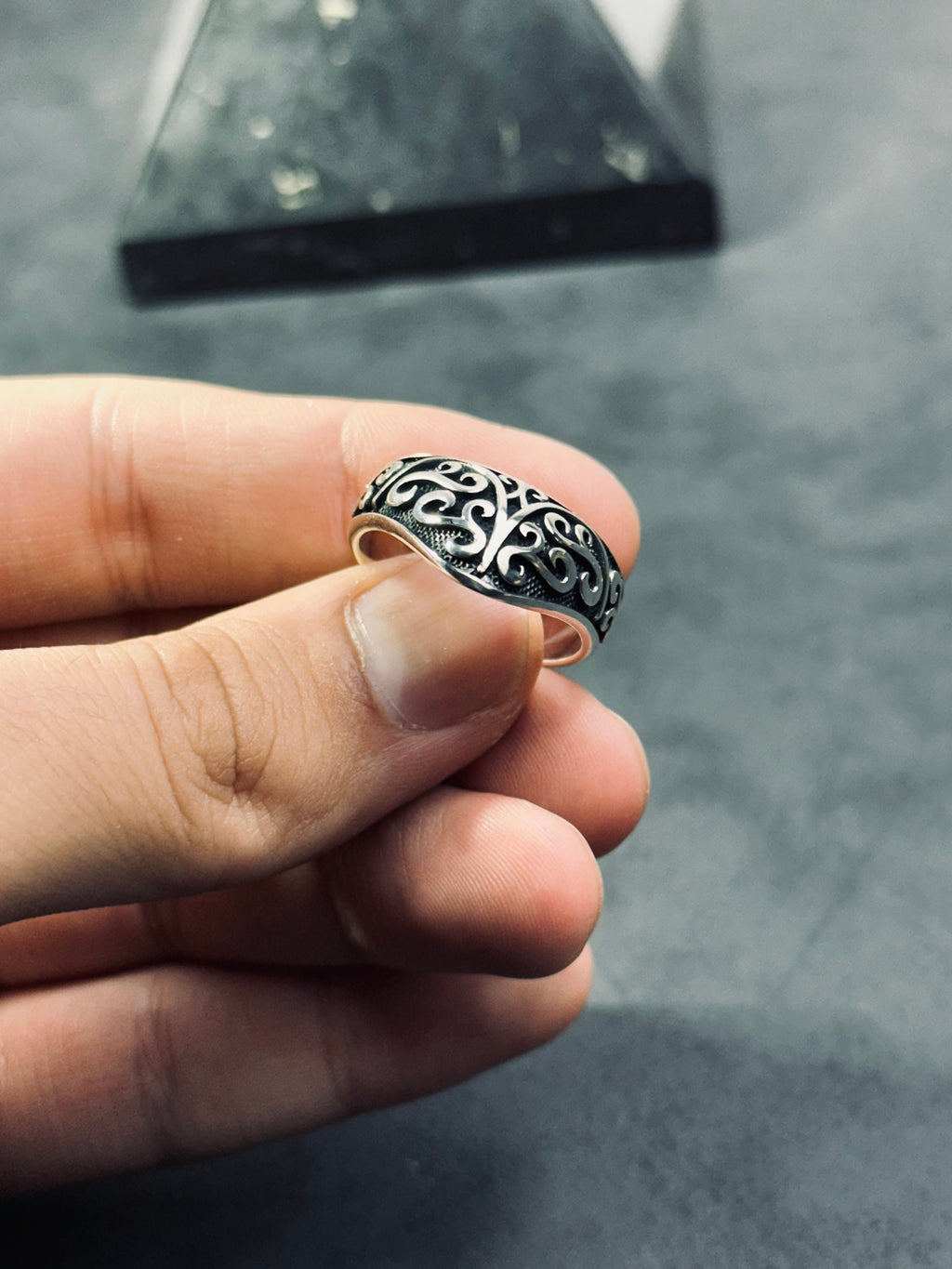 Engraved Silver Thumb Ring - Handmade Compass Design