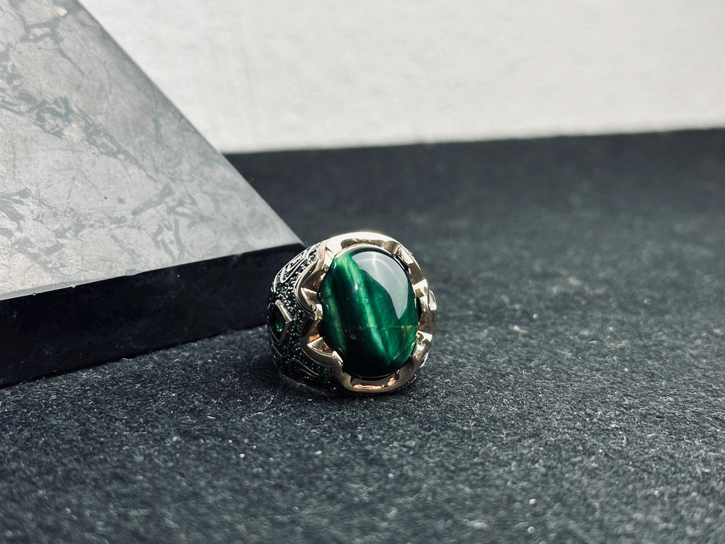 Malachite Sterling Silver Ring, Oval Green Stone (Men's Statement)