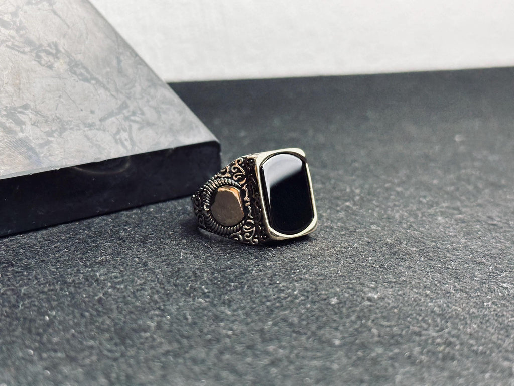 Square Onyx Ring: Turkish Handmade Silver - Engraved Ottoman Style