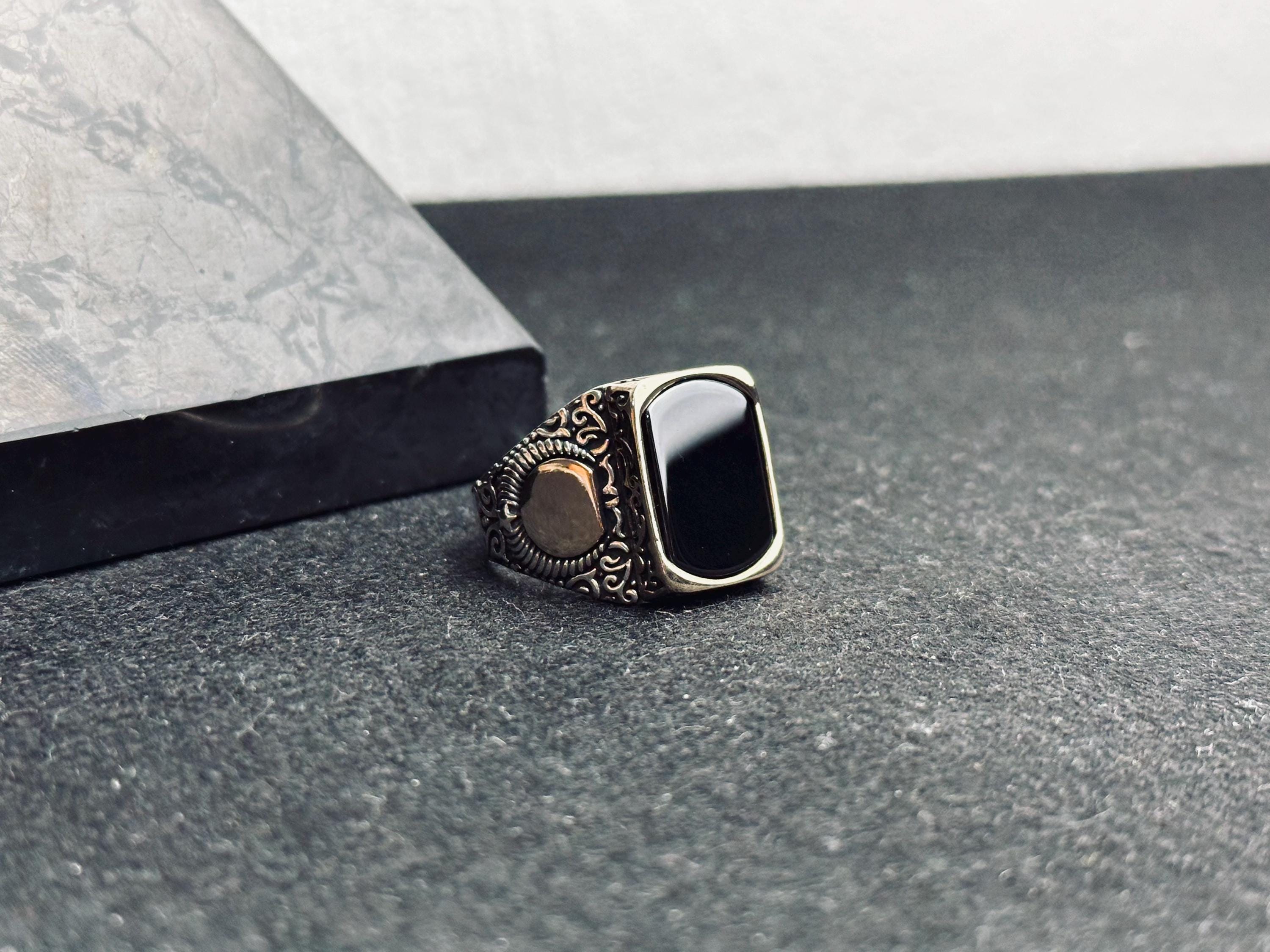 Square Onyx Ring: Turkish Handmade Silver - Engraved Ottoman Style
