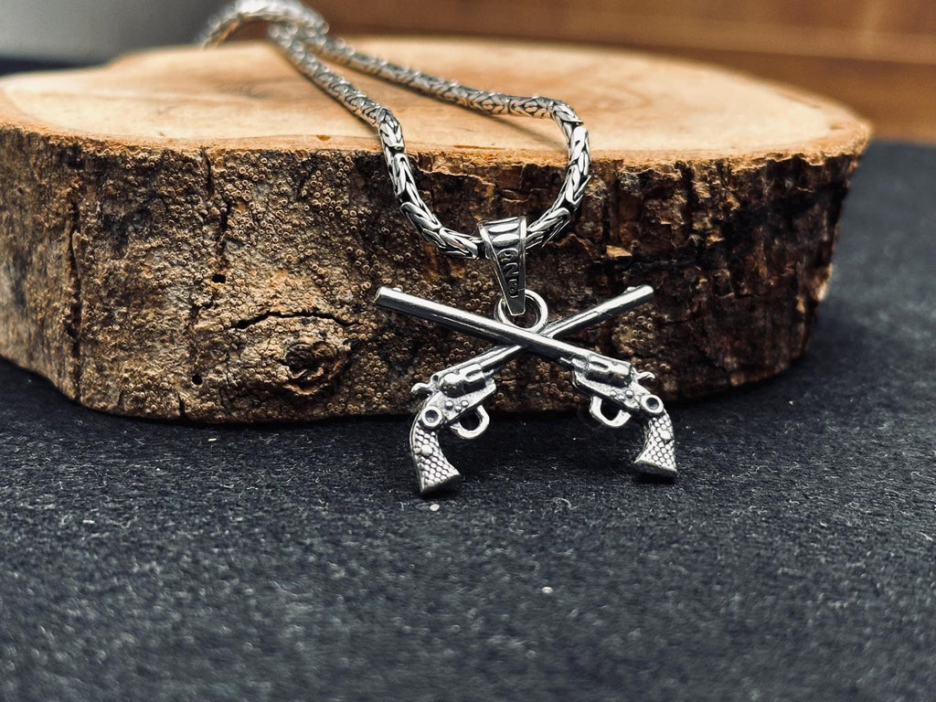 Gun Necklace, Sterling Silver Revolver Pendant, Six Shooter Charm (Adjustable Chain)