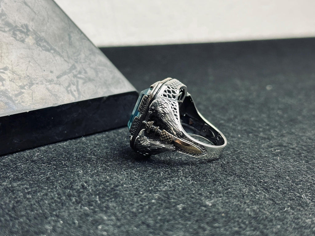 Aquamarine Men's Ring: Twin Eagle Heads, Sterling Silver