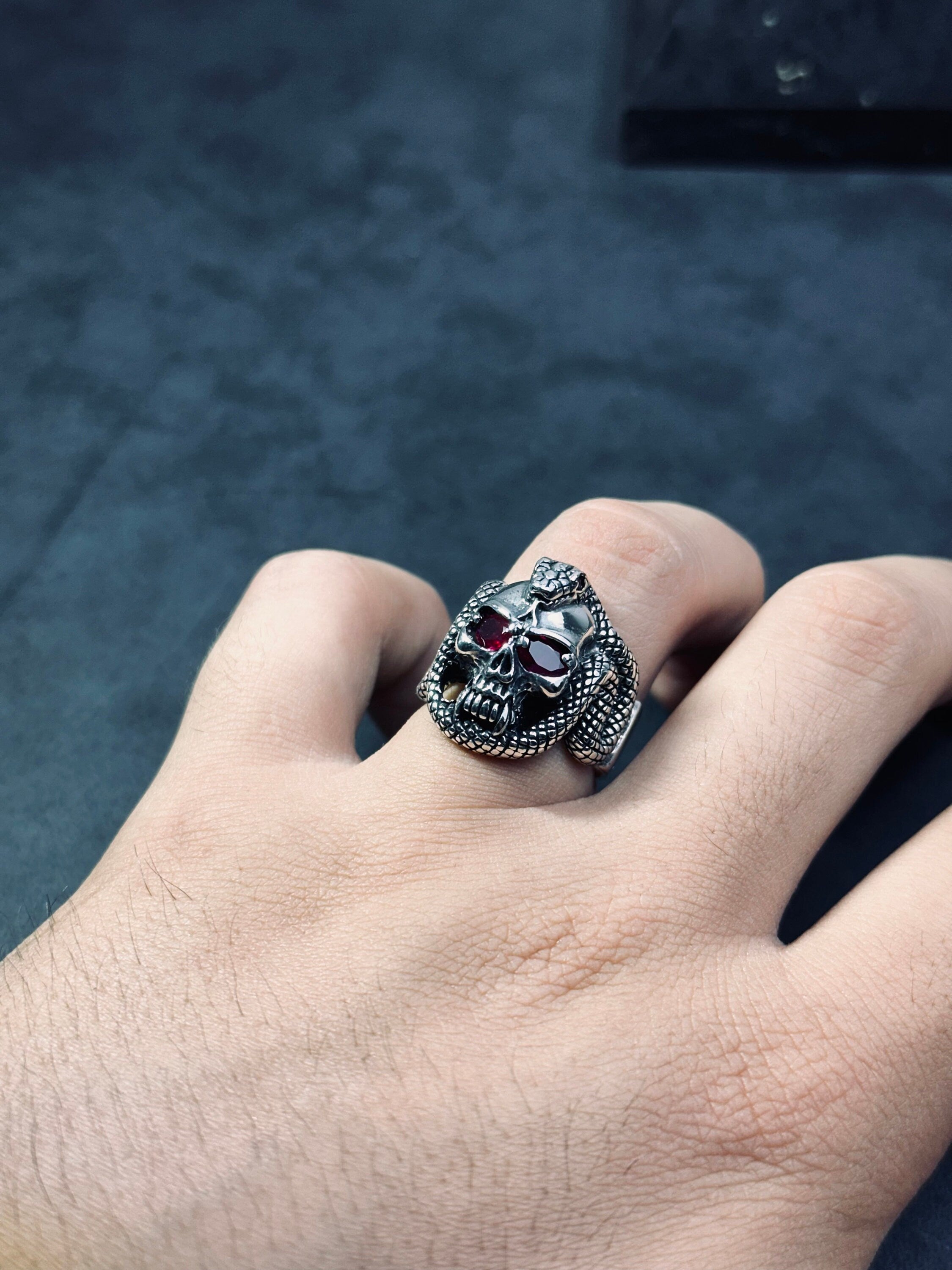Sterling Silver Skull Snake Ring - Gothic Biker Style Jewelry