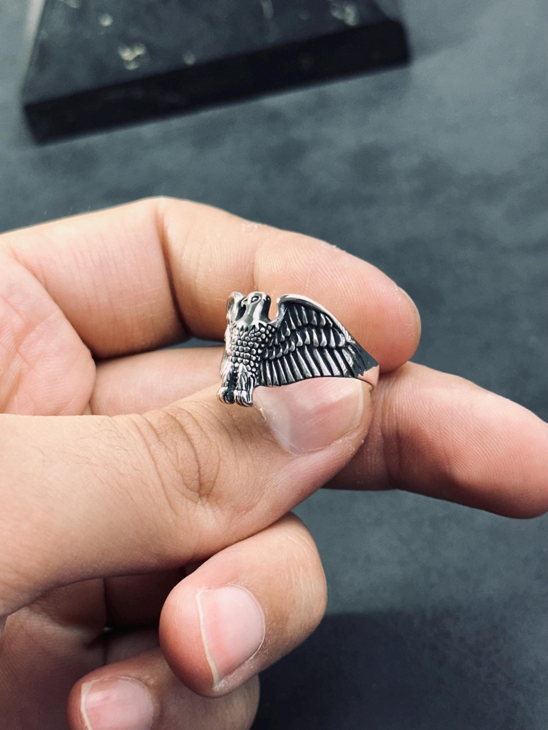 Sterling Silver Eagle Ring, Nordic Design, Layered Band (Men's)