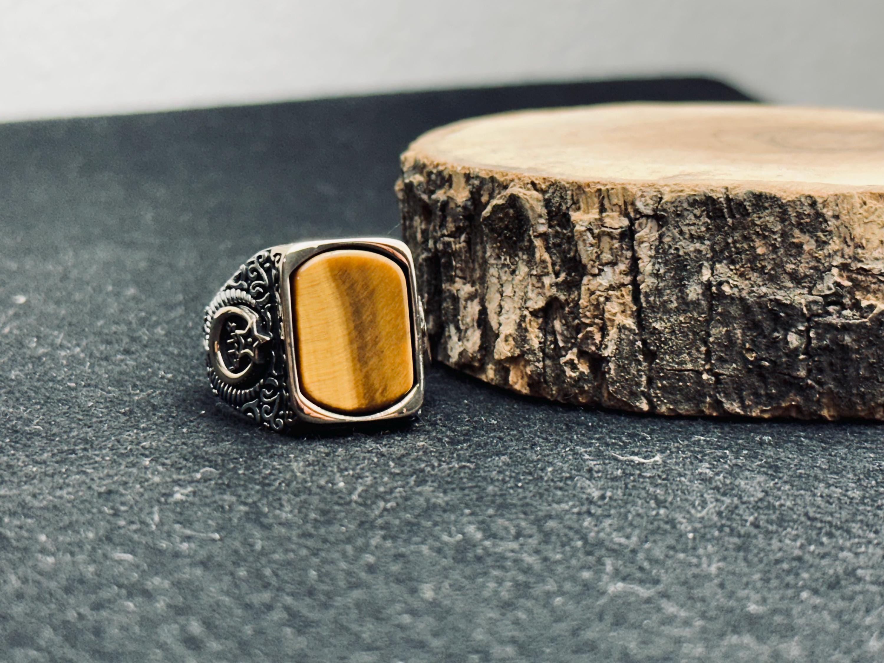 Sterling Silver Signet Ring: Tiger Eye Gemstone - Ottoman Crescent Star