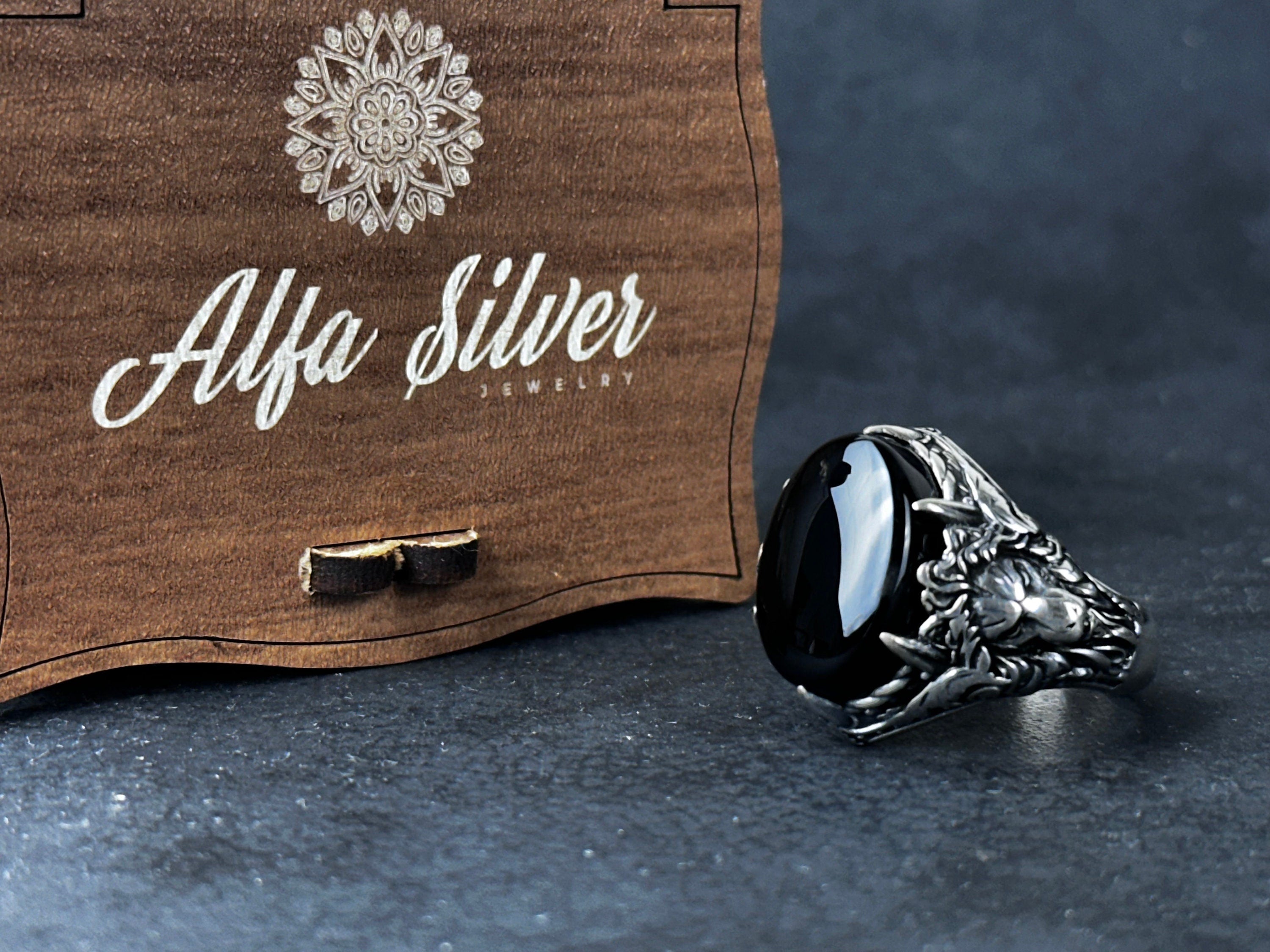 Men's Sterling Silver Onyx Ring, Lion Detail (Handcrafted)