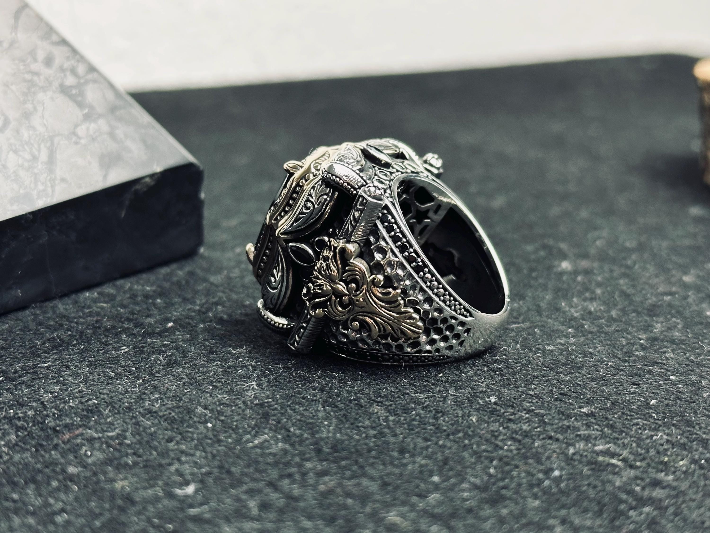 Black Zircon King Ring, 925 Sterling Silver Gothic Statement Jewelry