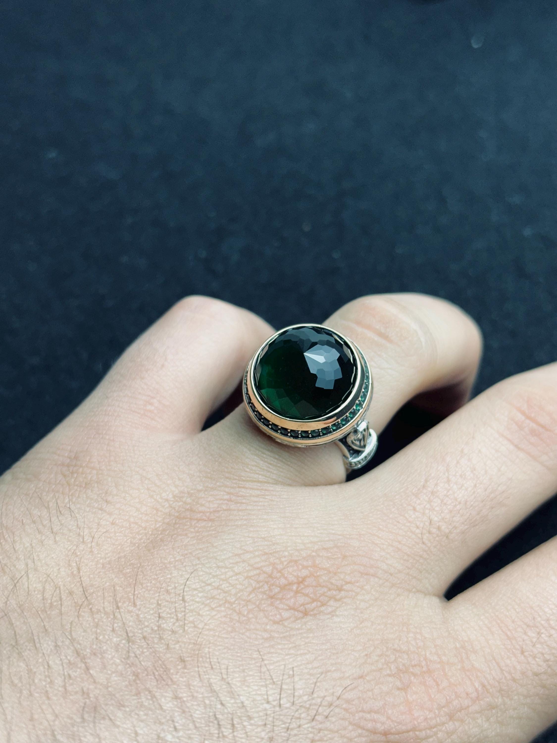 Round Green Emerald Ring - Minimalist Sterling Silver Handmade