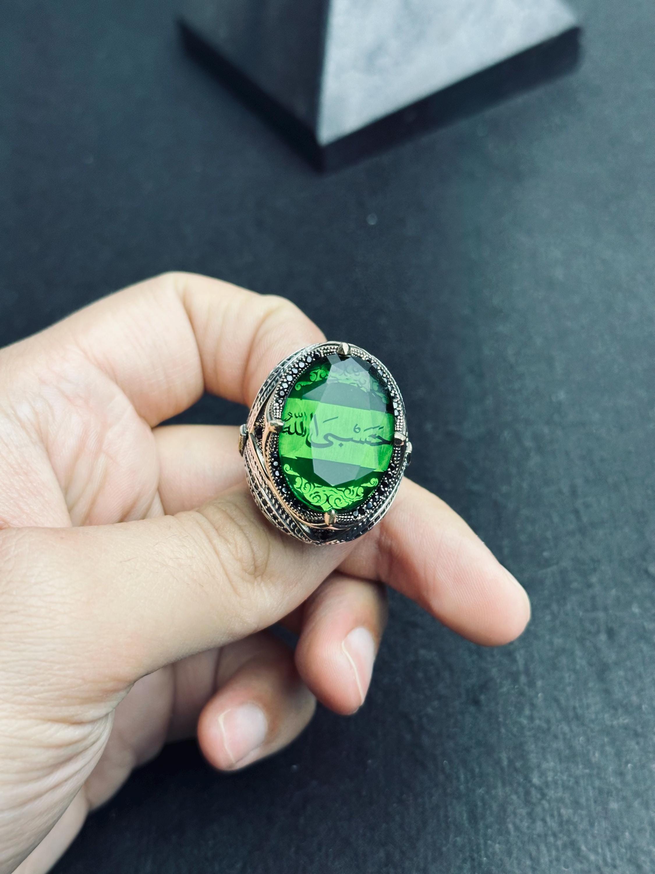 Emerald Islamic Ring: Sterling Silver, Quran Verse, Handmade