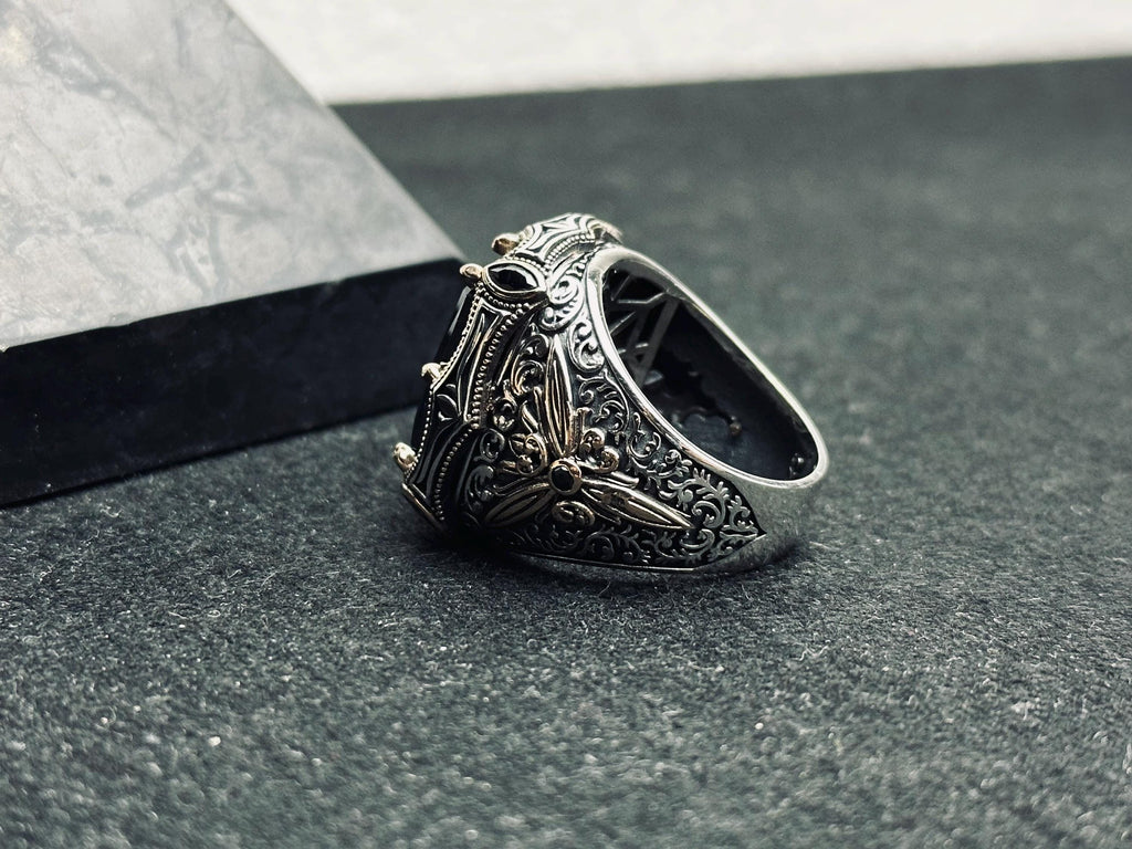 Black Zircon Men's Ring: Handmade Sterling Silver Ottoman Style