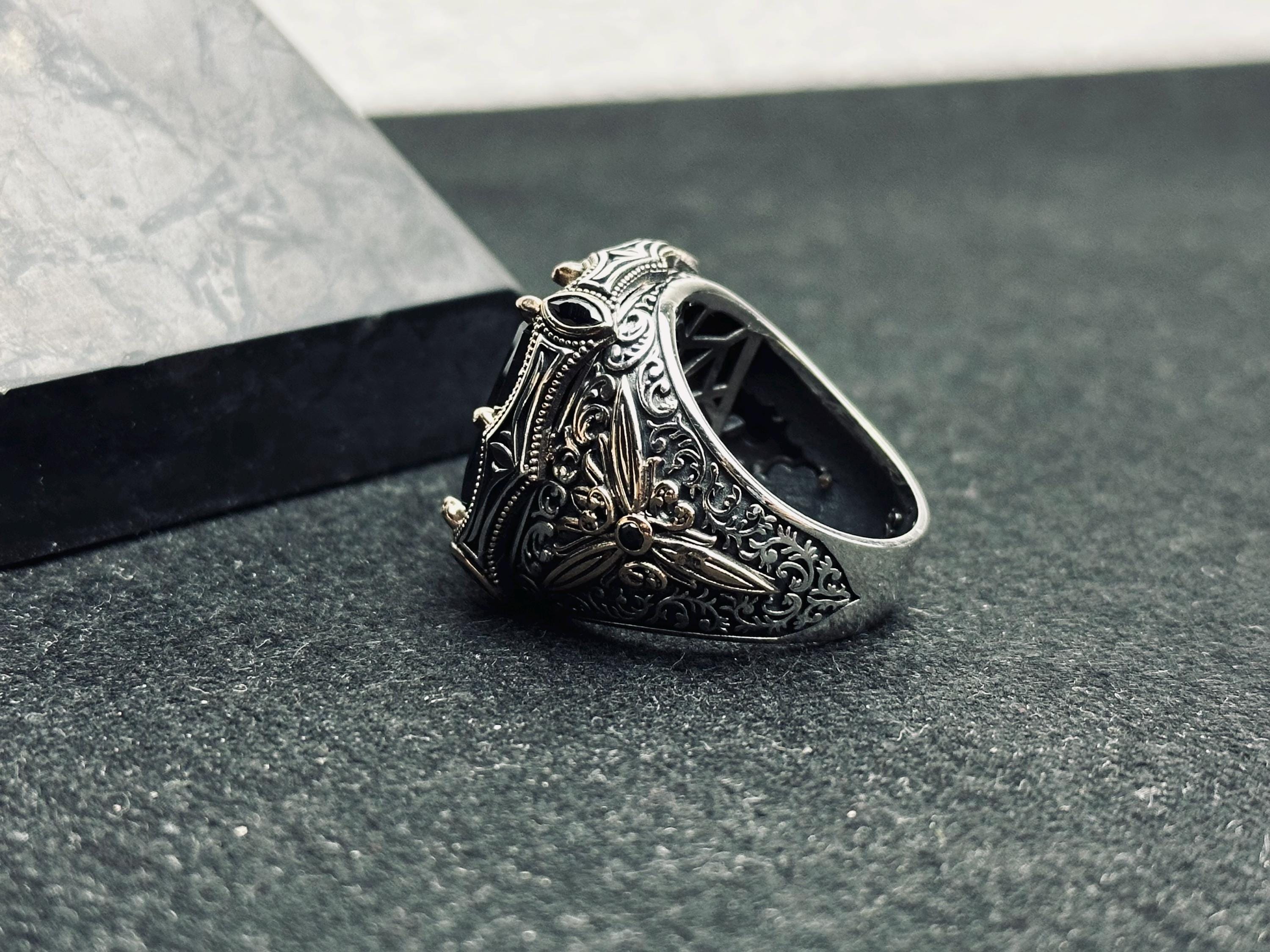 Black Zircon Men's Ring: Handmade Sterling Silver Ottoman Style