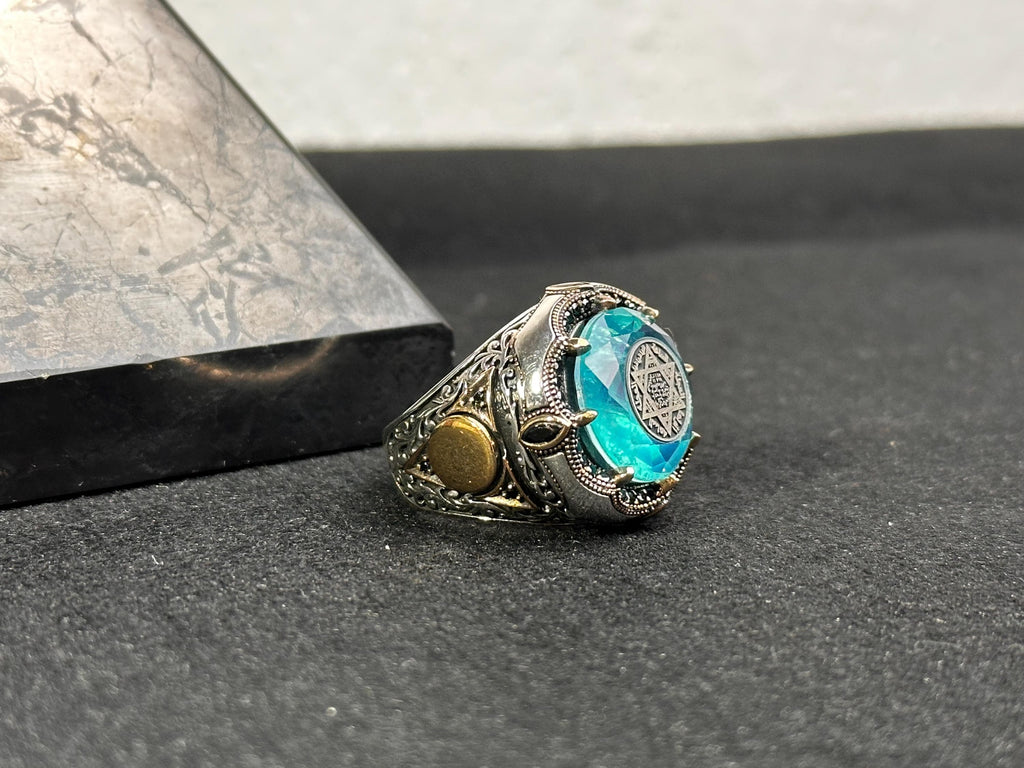 Sterling Silver Seal of Solomon Ring: Paraiba Tourmaline Gemstone