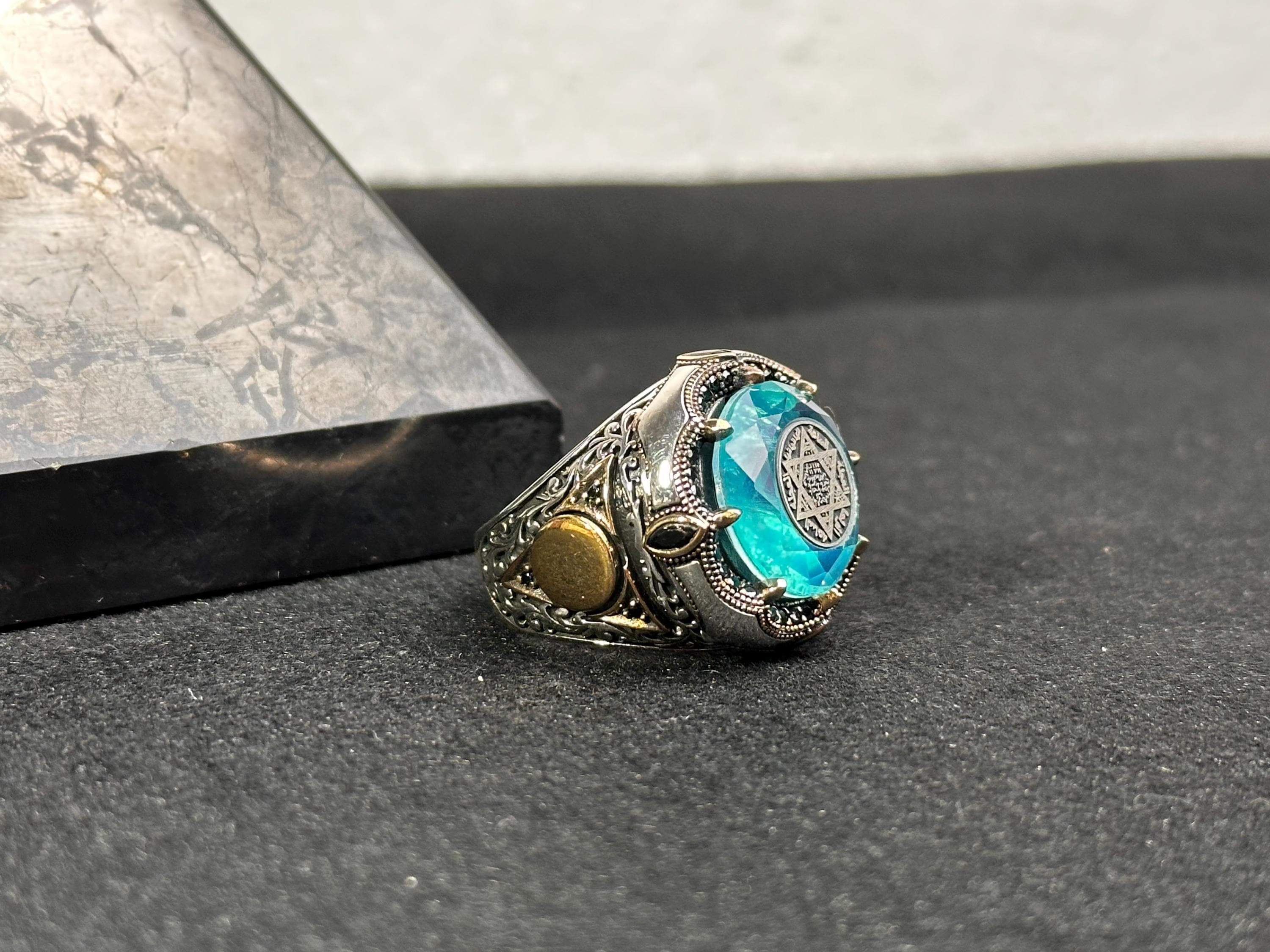 Sterling Silver Seal of Solomon Ring: Paraiba Tourmaline Gemstone