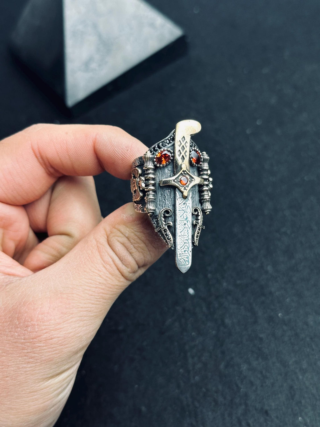 Sterling Silver Gothic Dagger Ring, Red Stone Sword Ring, Medieval Fantasy Jewelry, Dark Aesthetic Statement Ring, Unique Gift