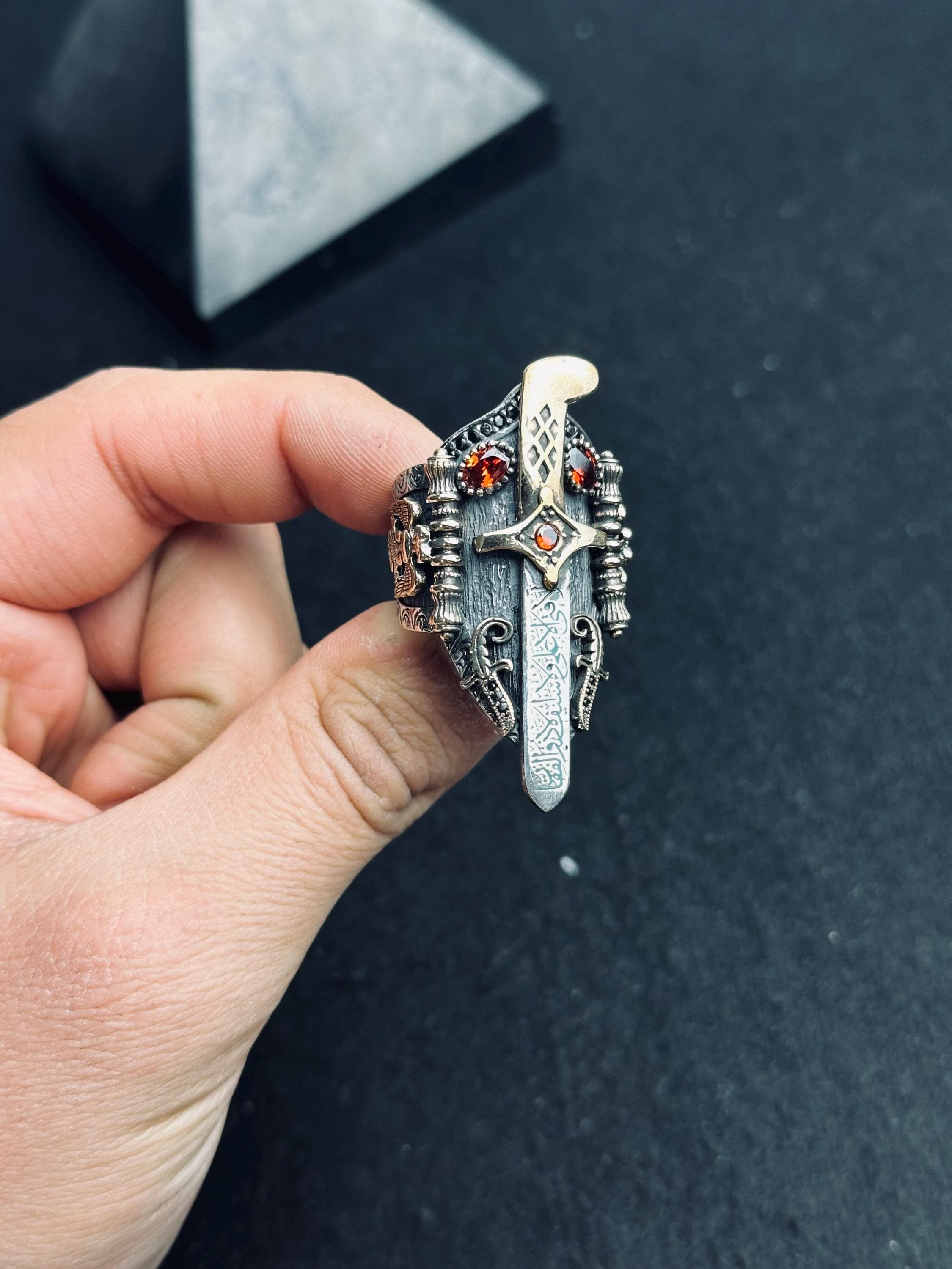 Sterling Silver Gothic Dagger Ring, Red Stone Sword Ring, Medieval Fantasy Jewelry, Dark Aesthetic Statement Ring, Unique Gift