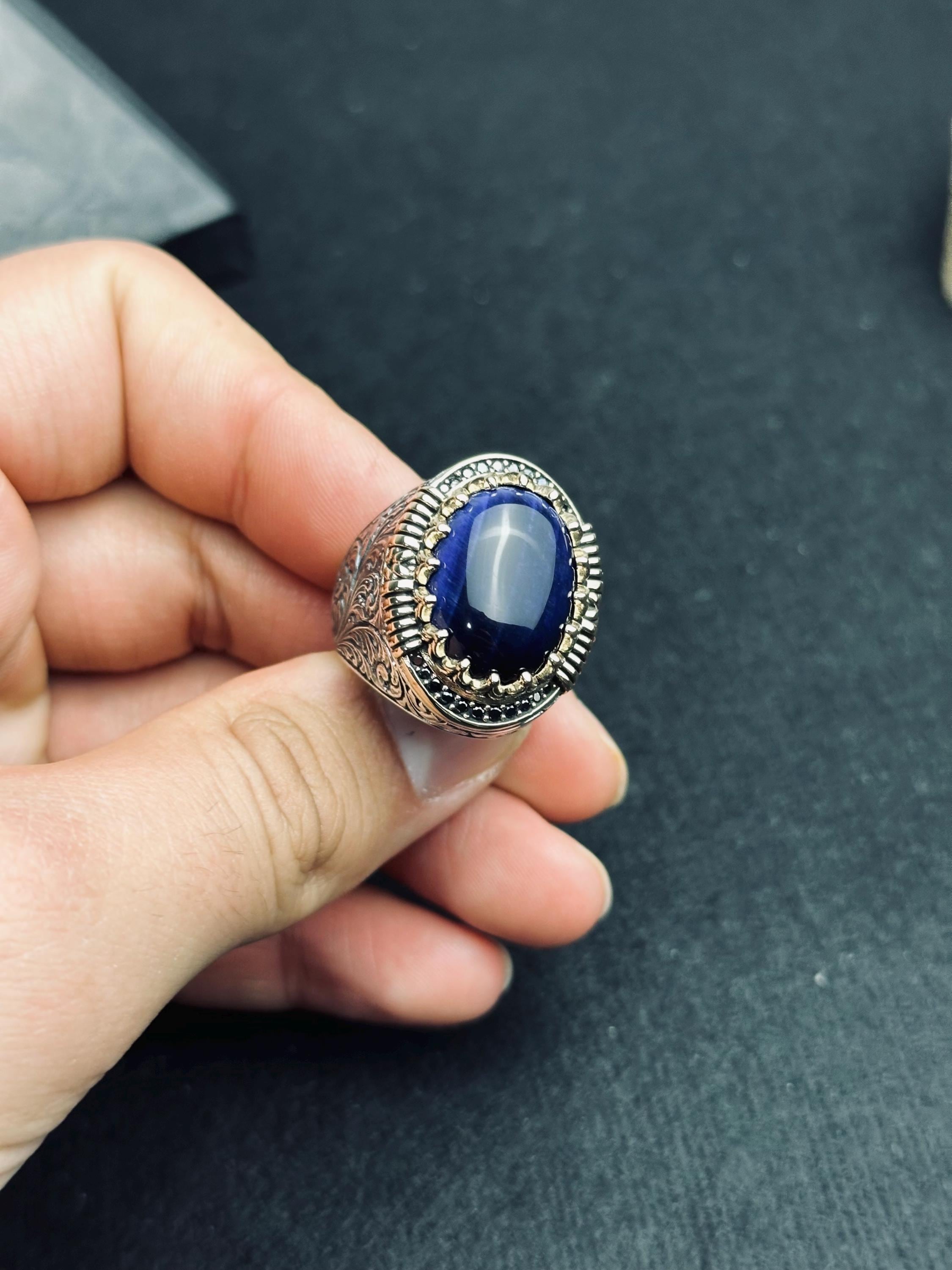 Viking Sapphire Ring, Dragon Engraved, Sterling Silver (Men's Size)