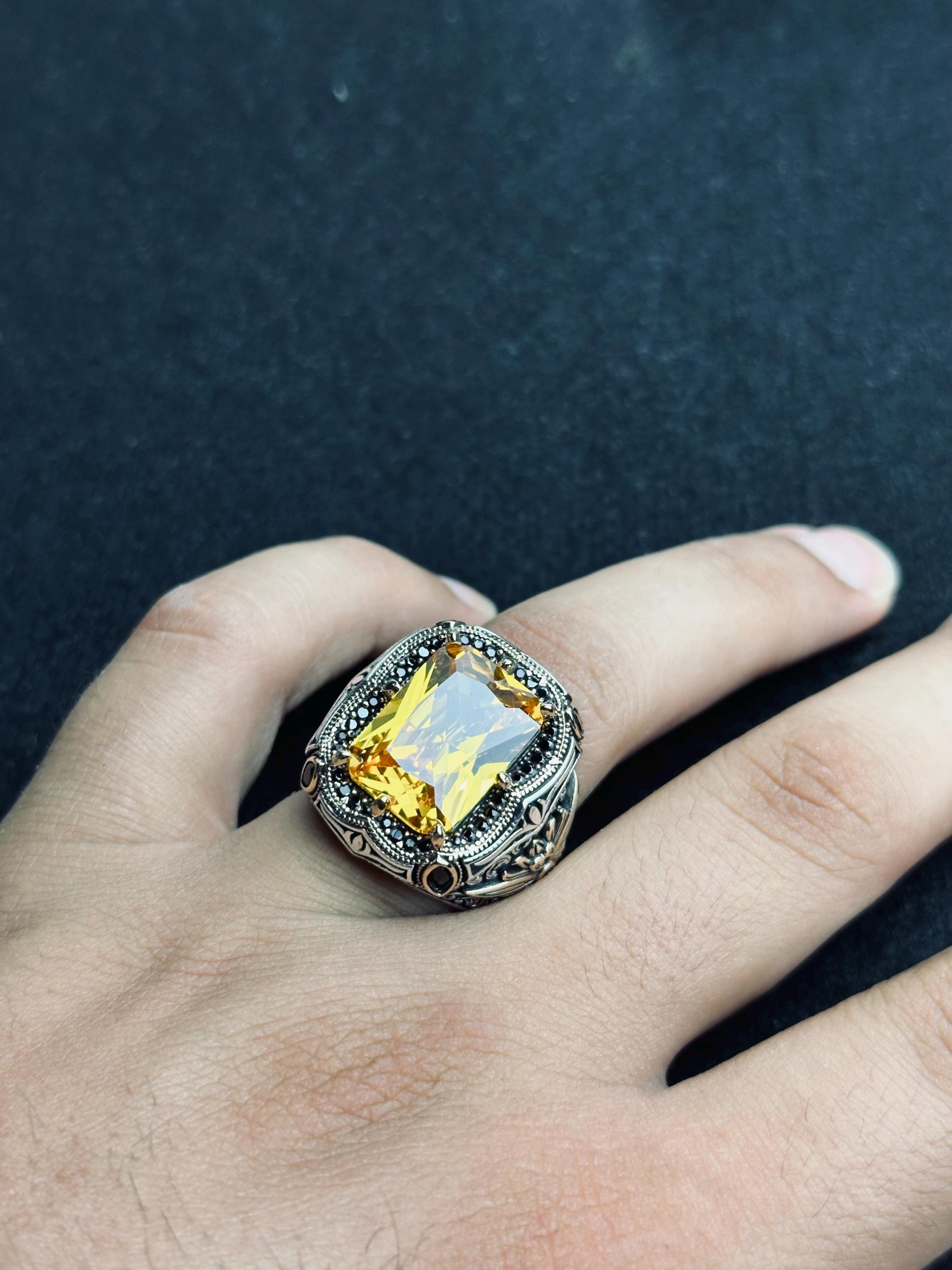 Men's Citrine Ring, Square Cut Stone, Sterling Silver (Handmade)