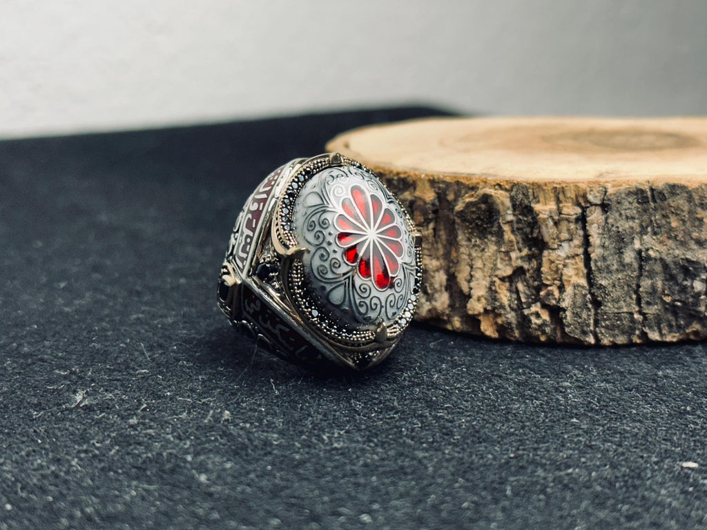 Red Enamel Islamic Ring, 925 Sterling Silver Arabic Calligraphy