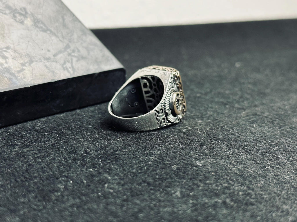 Men's Silver Ring: Mystic Topaz and Crescent Star - Handmade