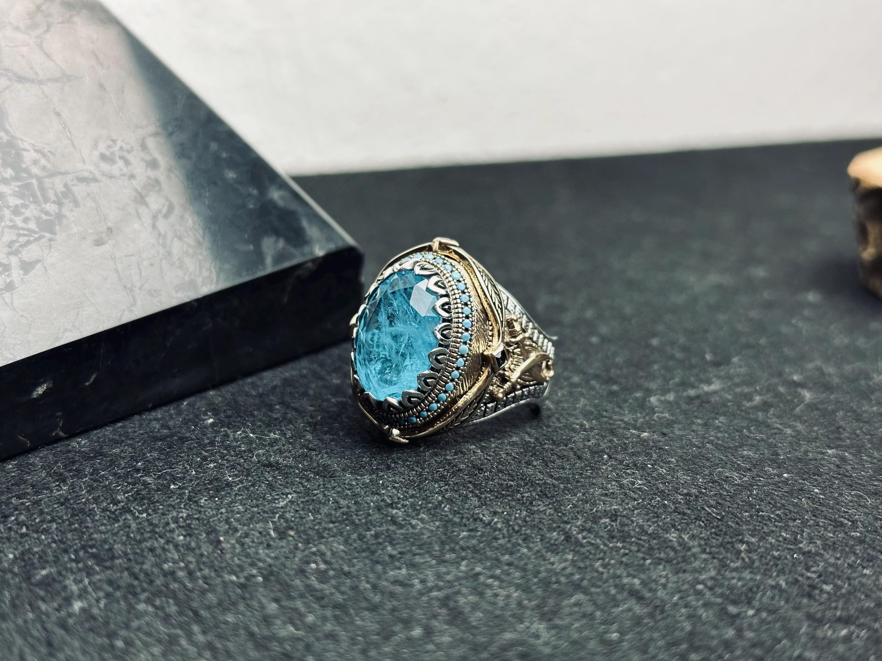 Aquamarine Oval Ring - Handmade Sterling Silver, Turkish Design
