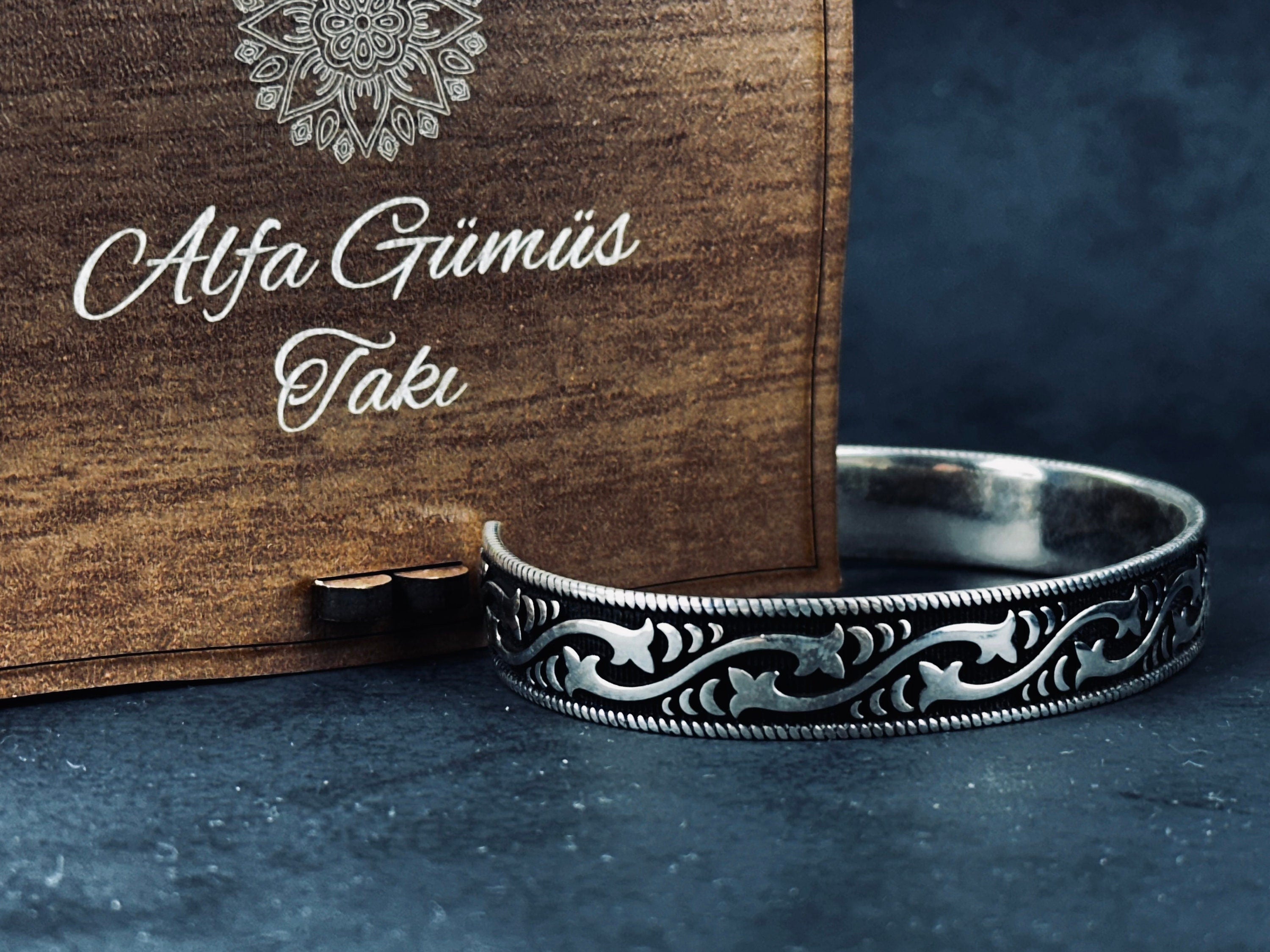 Sterling Silver Cuff Bracelet, Embroidered Pattern Handmade (Adjustable Size)
