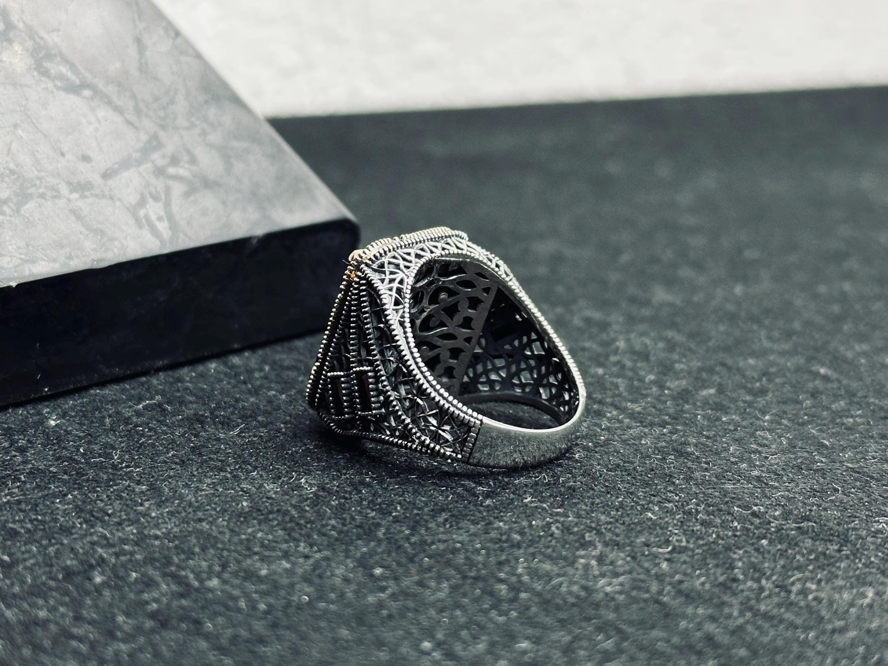 Black Zircon Men's Ring - Sterling Silver Ottoman Style