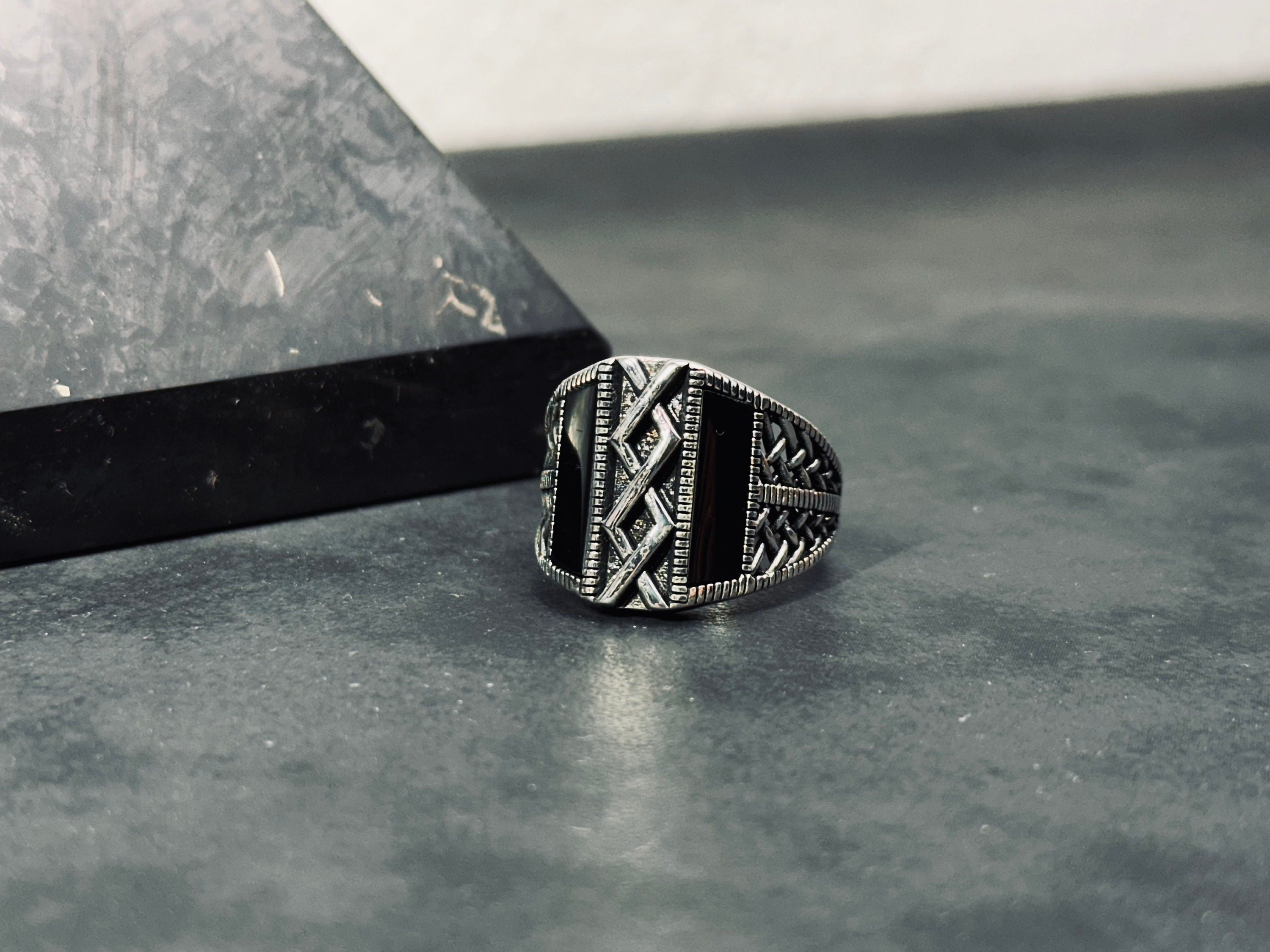 Onyx Ring: Minimalist Sterling Silver (Engraved, Handmade)