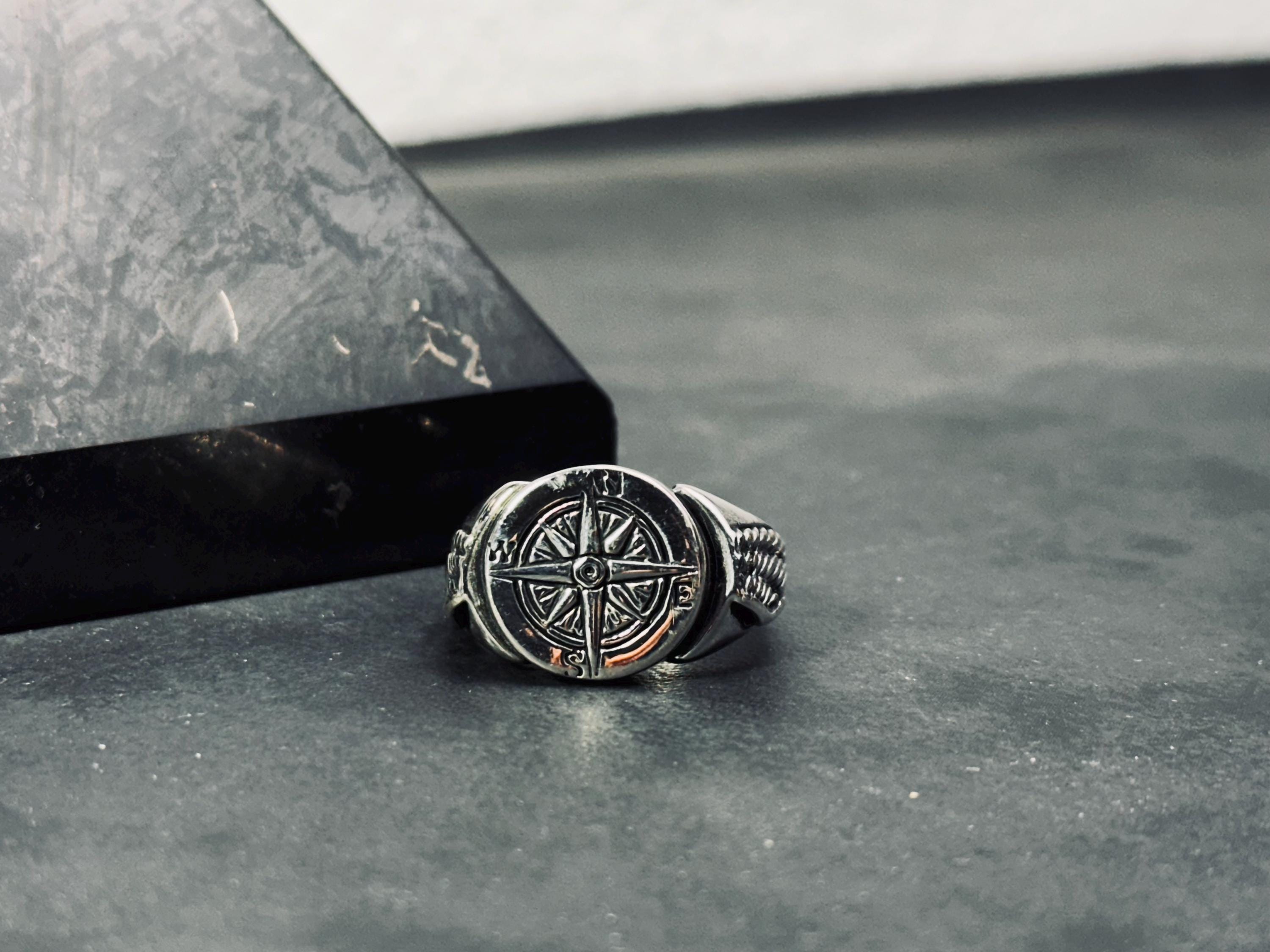 Travel Compass Ring, Sterling Silver, Handmade (Men's Sizes)