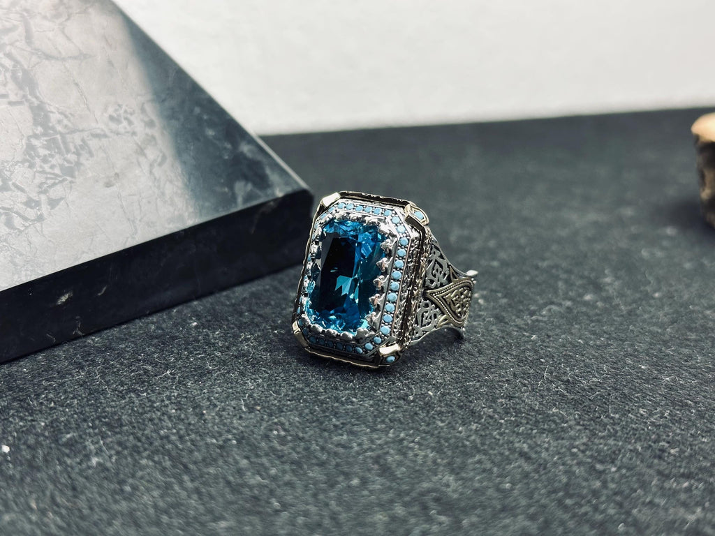 Aquamarine Men's Ring - Handmade Sterling Silver Lion Design