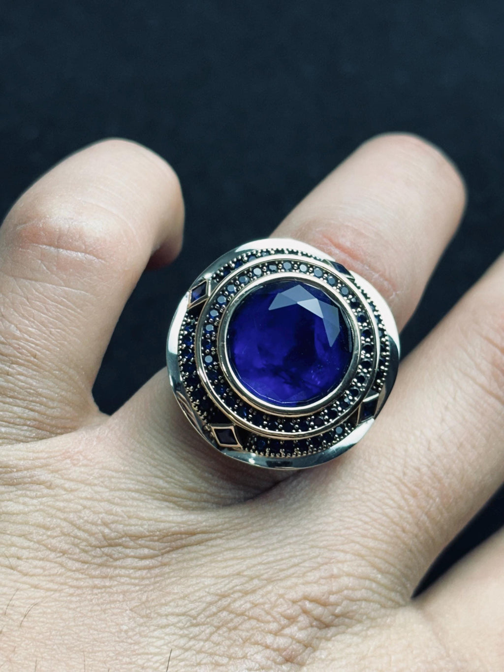 Men's Sterling Silver Ring: Blue Zircon Stone - Handmade Turkish Design
