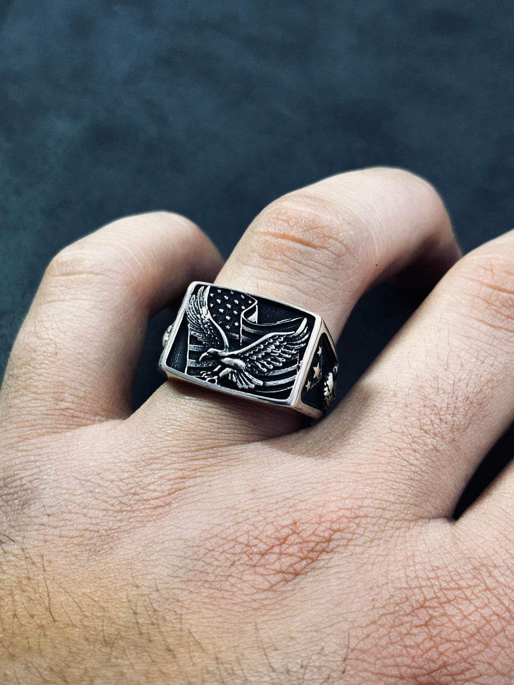 Eagle Ring: Sterling Silver American Flag Style (Men's Statement Jewelry)