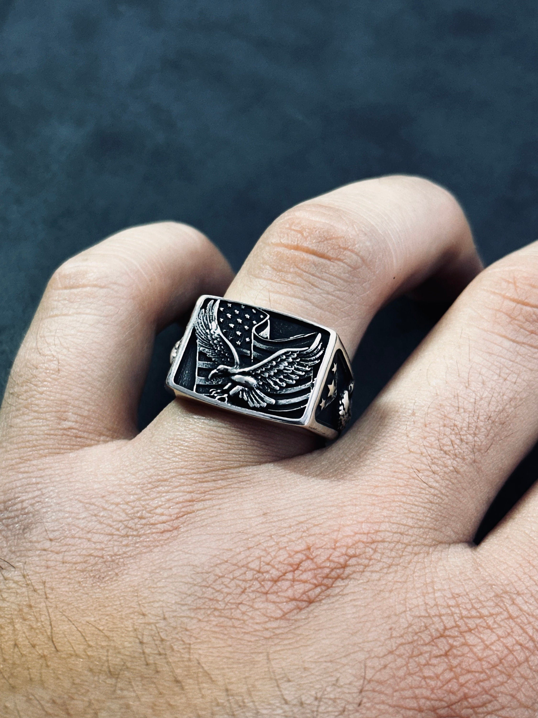 Eagle Ring: Sterling Silver American Flag Style (Men's Statement Jewelry)