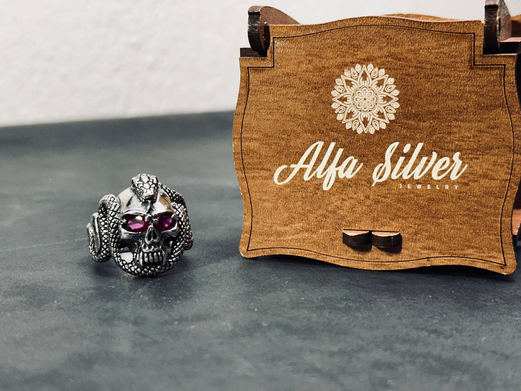 Sterling Silver Skull Snake Ring - Gothic Biker Style Jewelry