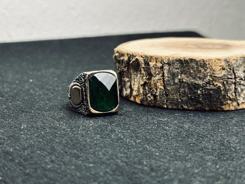 Men’s Emerald Ring: Square Stone, Crescent Star - Sterling Silver