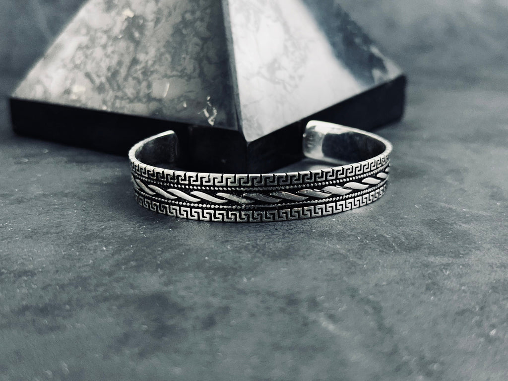 Greek Sterling Silver Cuff Bracelet, Handmade Adjustable (Unisex)