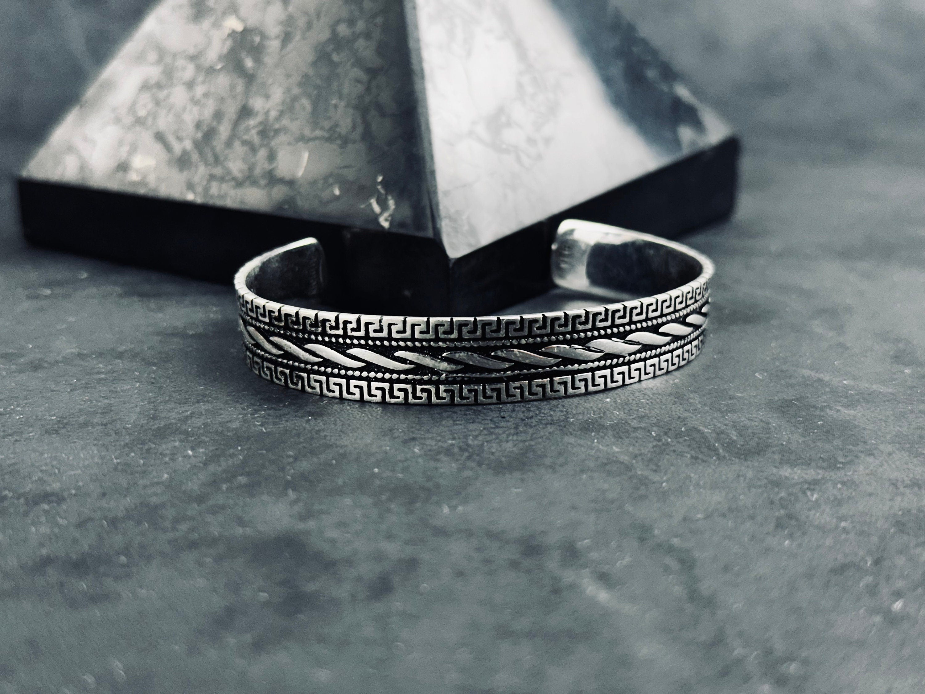Greek Sterling Silver Cuff Bracelet, Handmade Adjustable (Unisex)