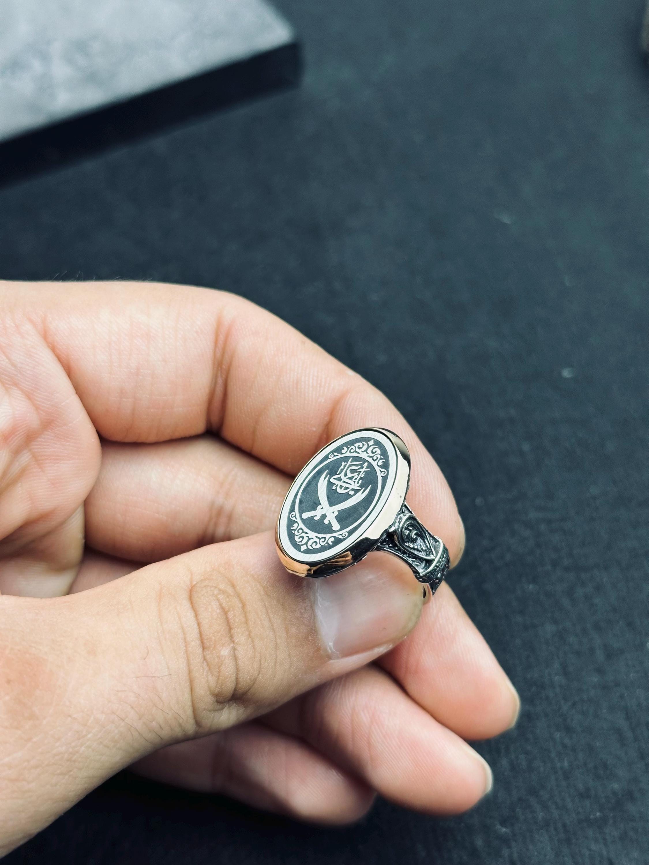 Arabic Calligraphy Sword Ring: Handmade Sterling Silver Men's Jewelry
