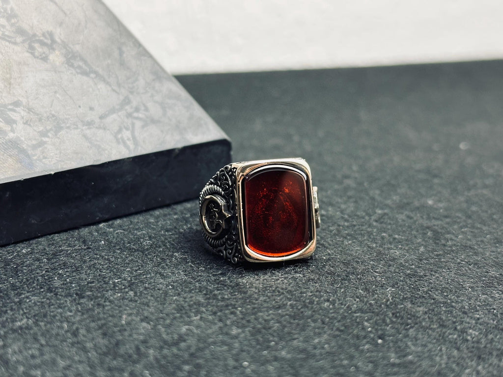 Square Amber Men's Ring - Sterling Silver, Moon and Star Accent