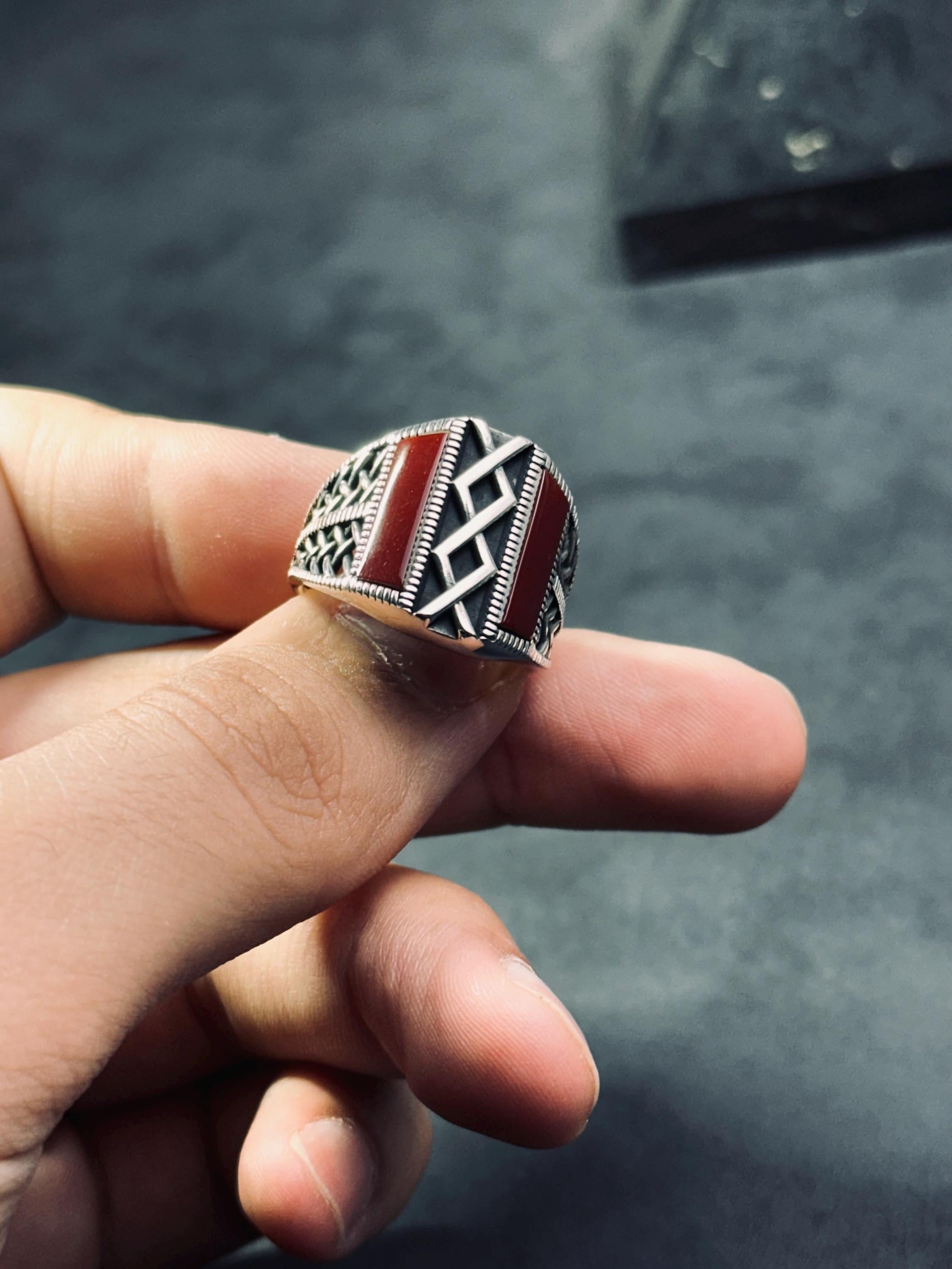Red Aqeeq Agate Ring - Handmade Sterling Silver for Men