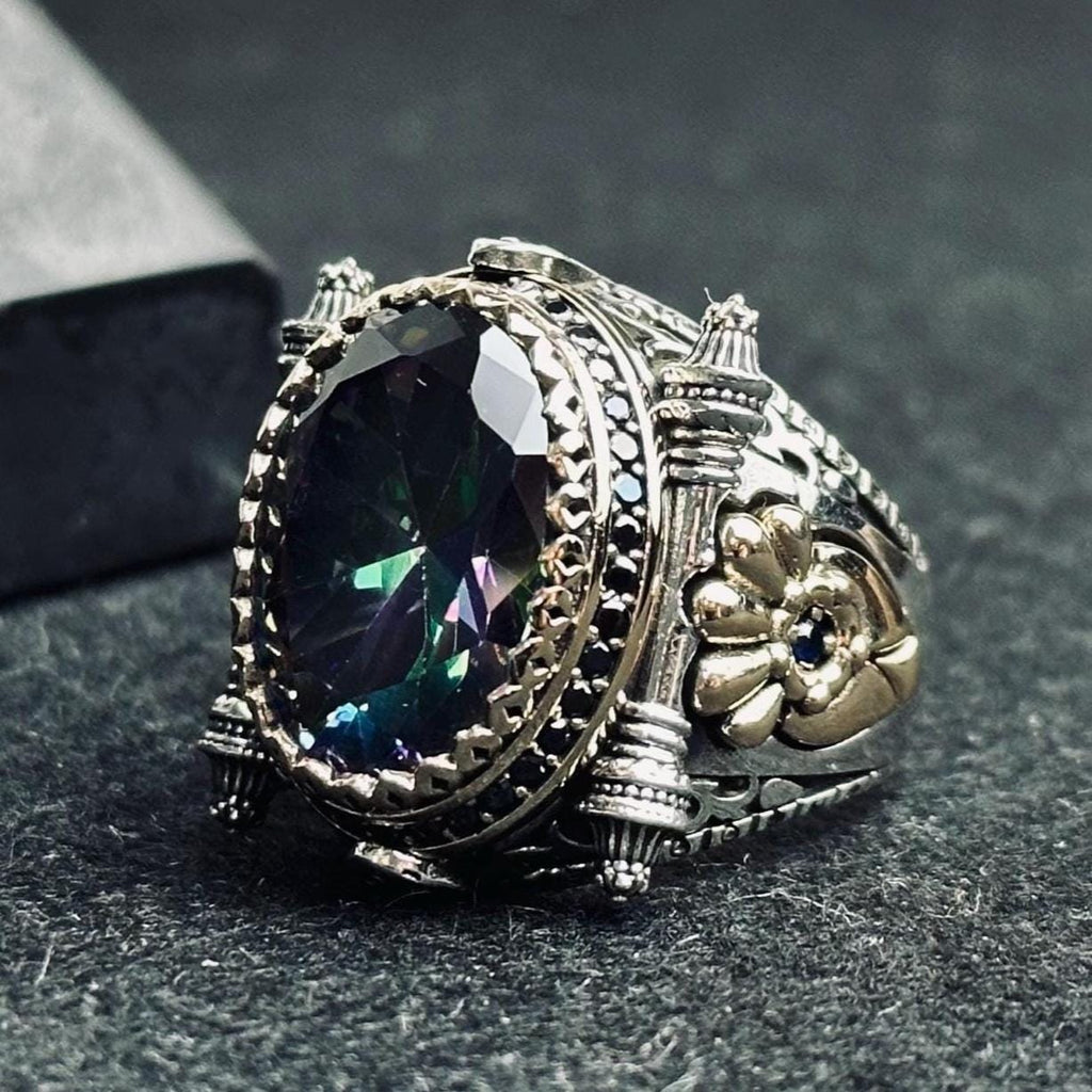 Mystic Topaz Men's Ring - Square Stone, Turkish Handmade Silver
