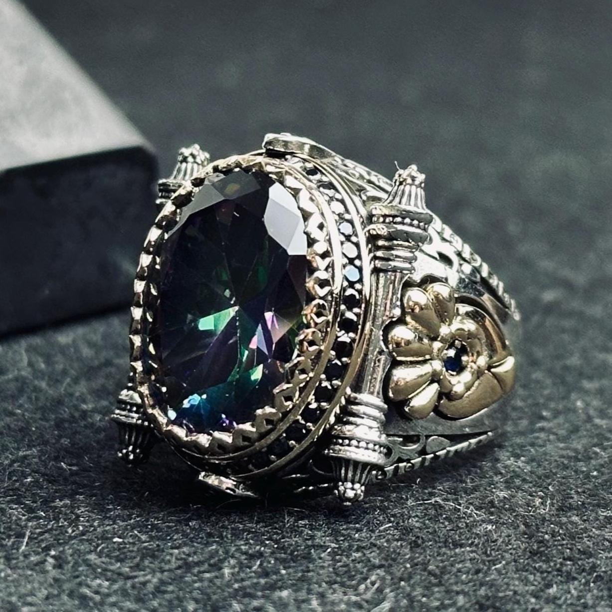 Mystic Topaz Men's Ring - Square Stone, Turkish Handmade Silver